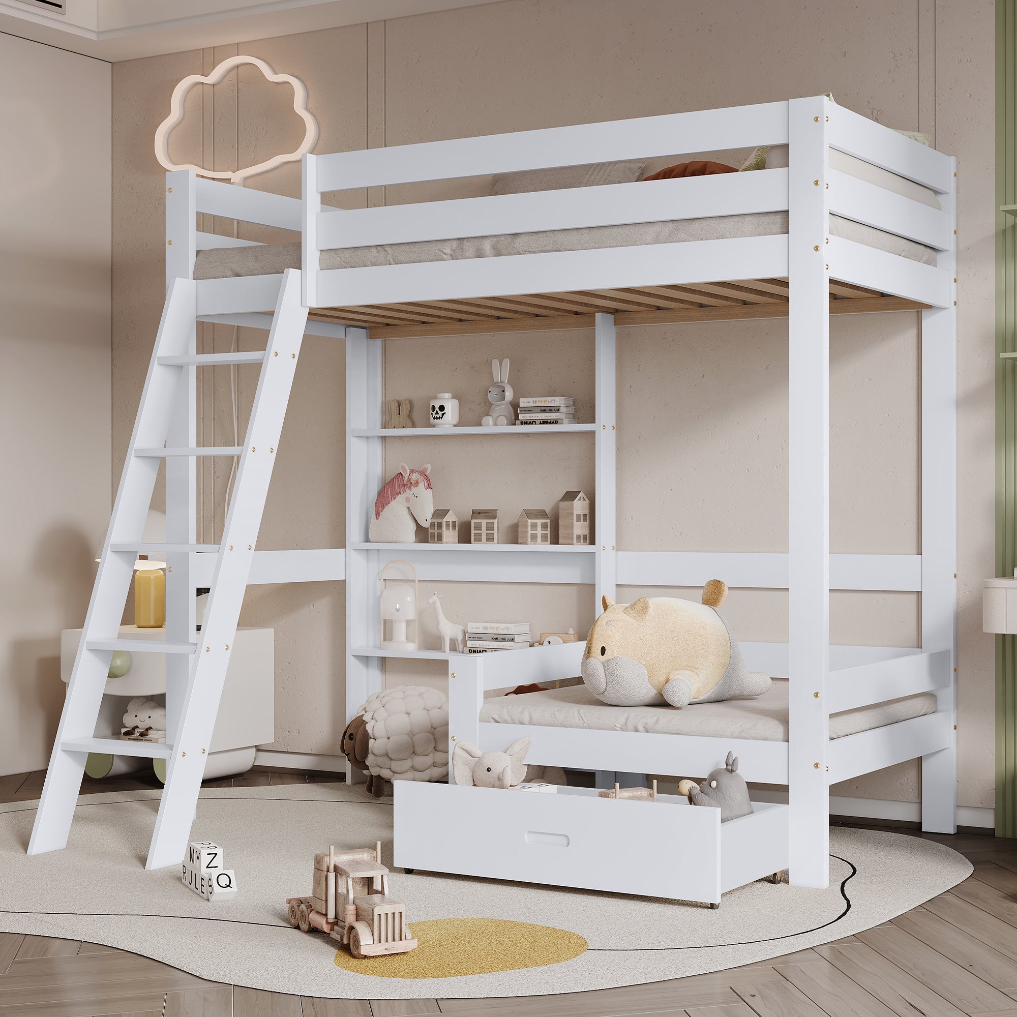 Logidon hoogslaper met bureau - wit kinderbed met lade