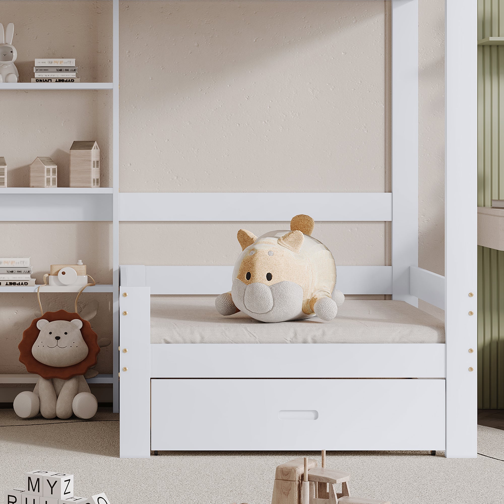 Logidon hoogslaper met bureau - wit kinderbed met lade
