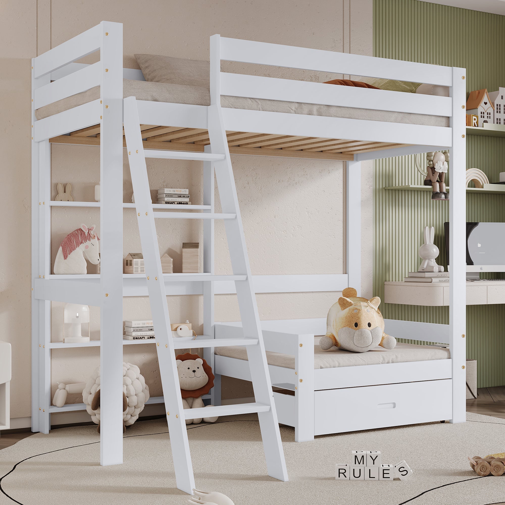 Logidon hoogslaper met bureau - wit kinderbed met lade
