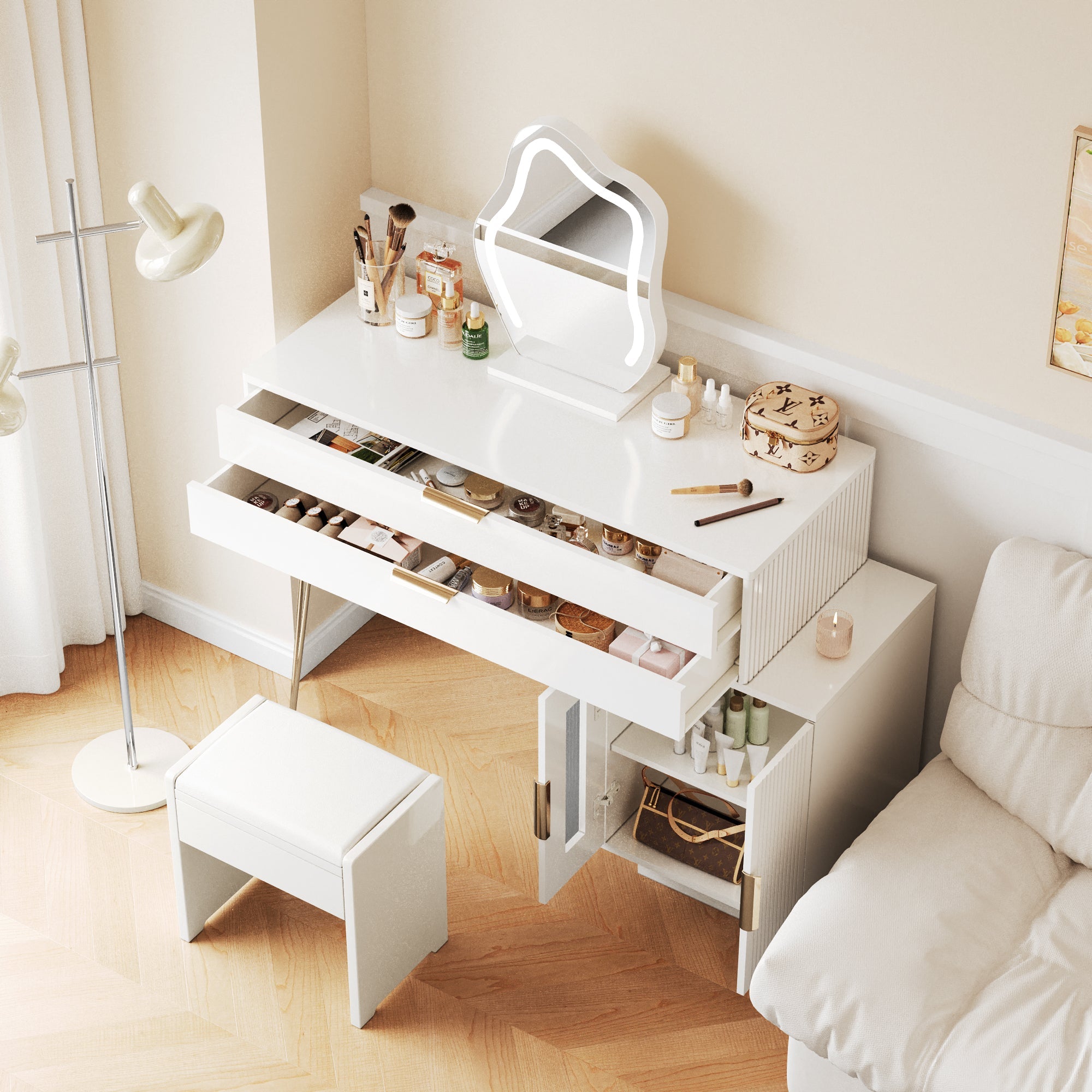 Logidon Kaptafel Met LED Spiegel Wit Uitschuifbaar B100 H78 Cm