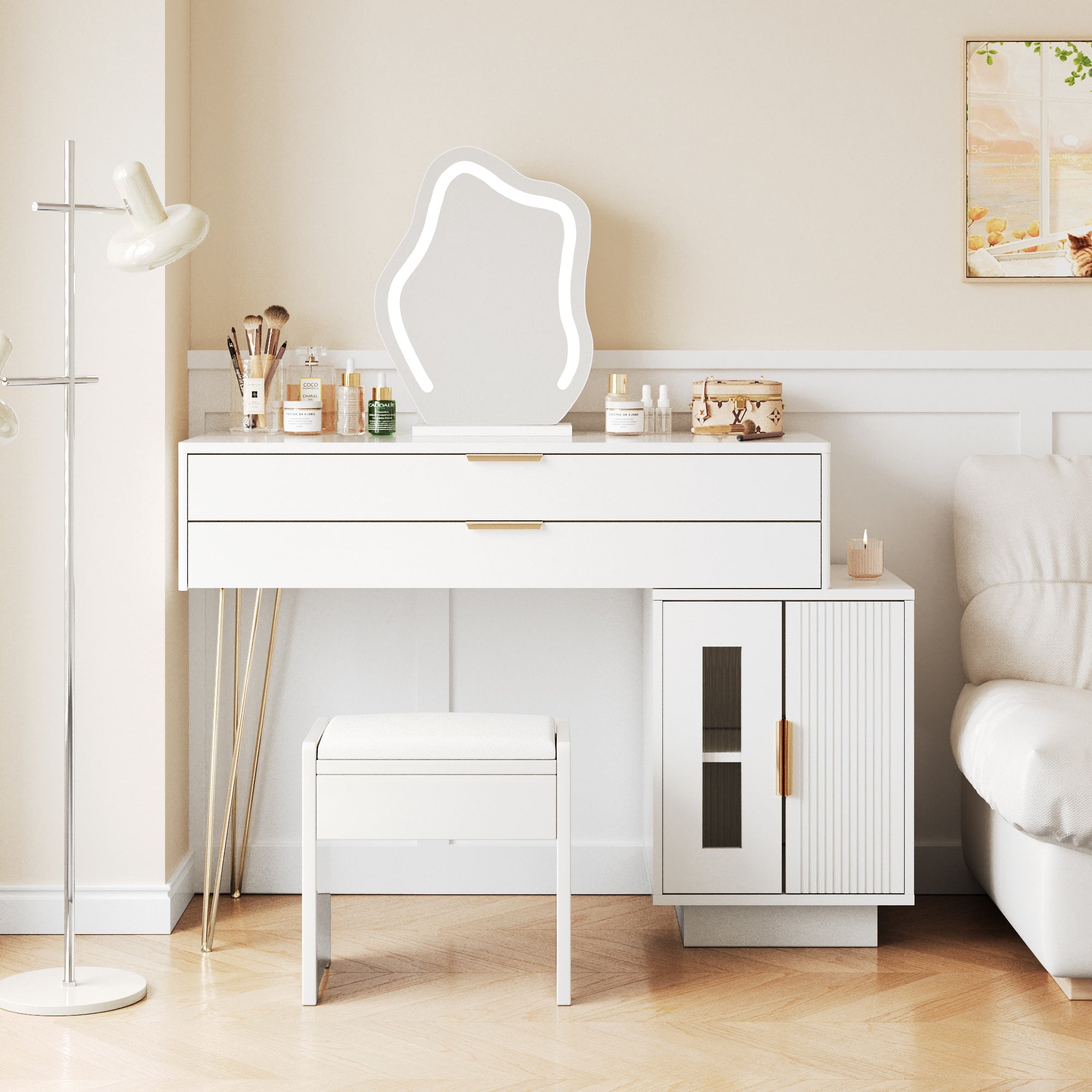 Logidon Kaptafel Met LED Spiegel Wit Uitschuifbaar B100 H78 Cm
