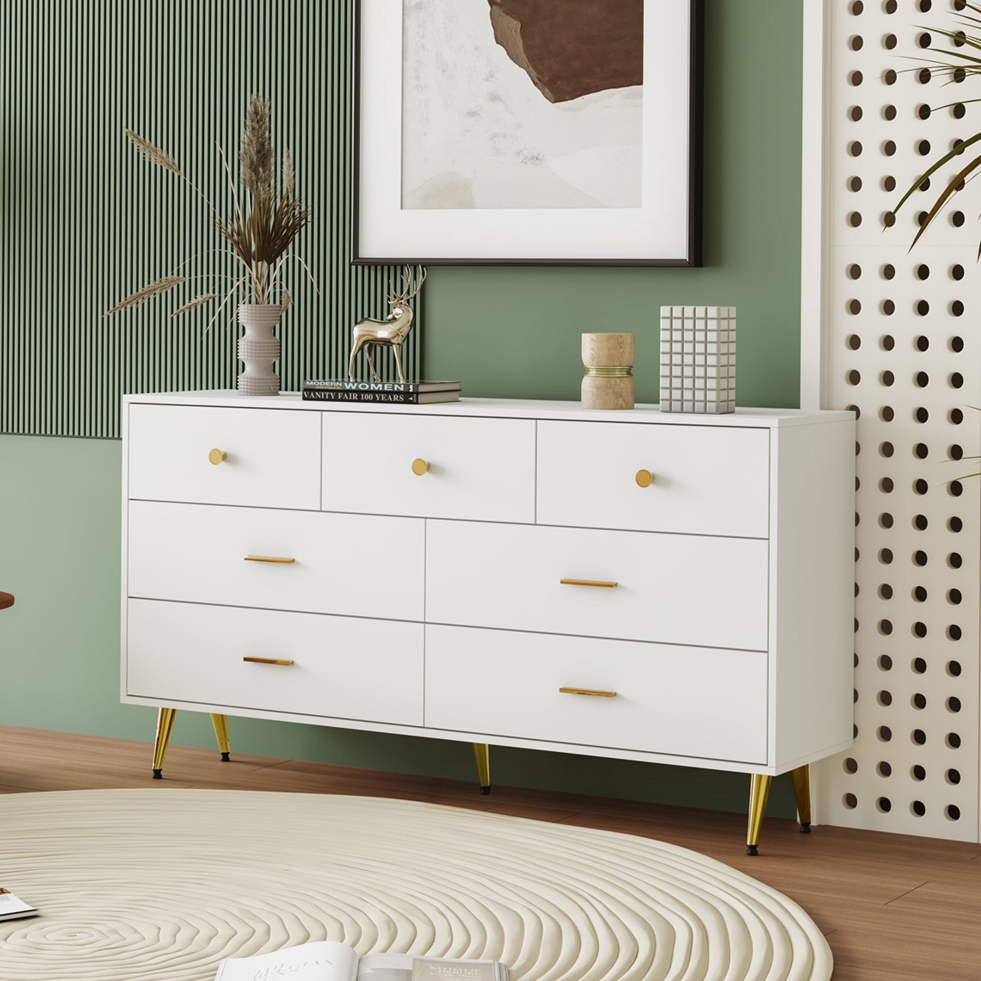 Logidon Wit Dressoir 7 Laden Met Gouden Handgrepen 140x35x76cm