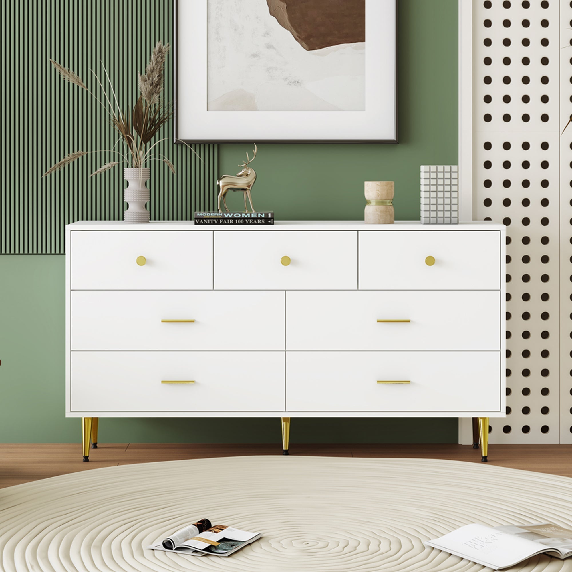 Logidon Wit Dressoir 7 Laden Met Gouden Handgrepen 140x35x76cm