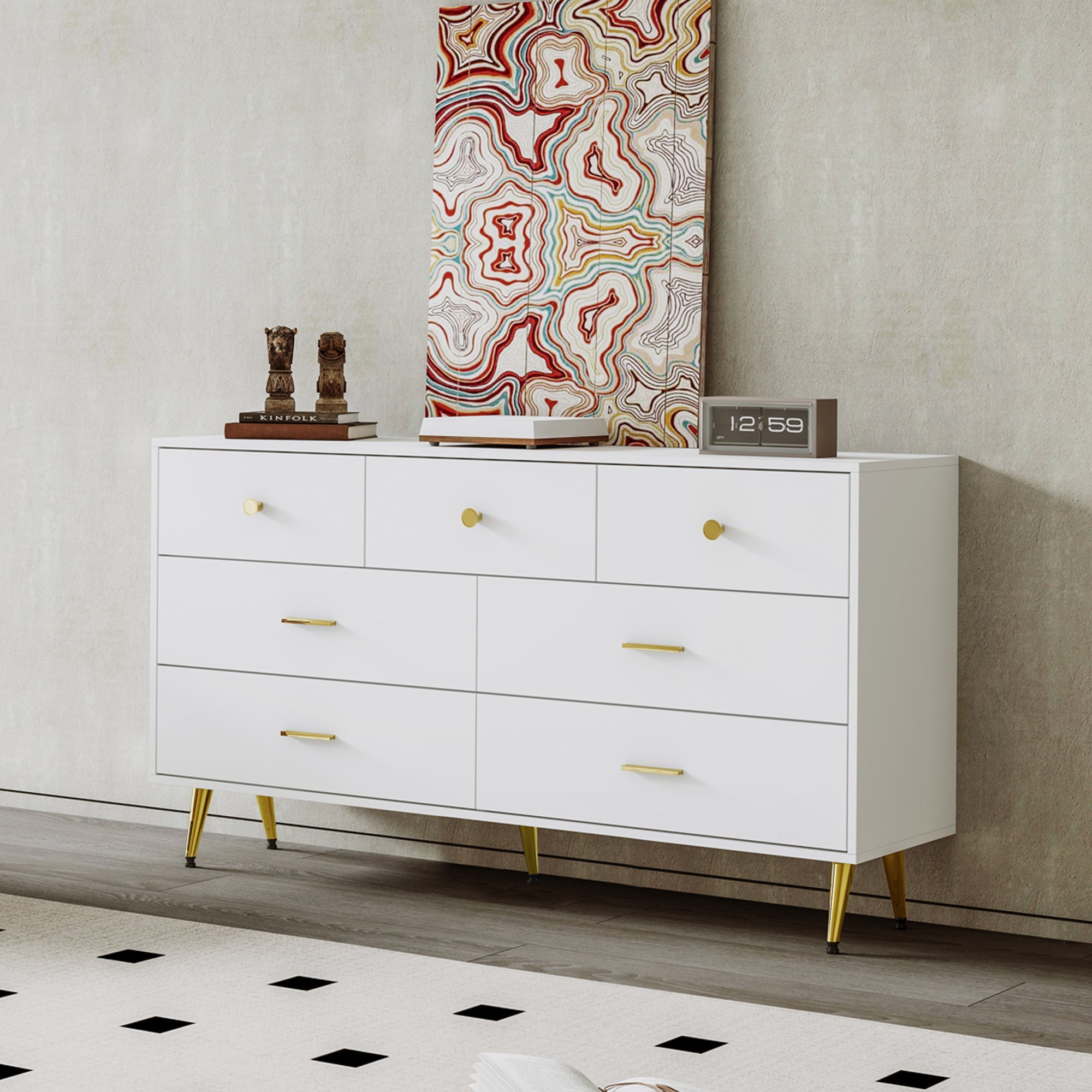 Logidon Wit Dressoir 7 Laden Met Gouden Handgrepen 140x35x76cm