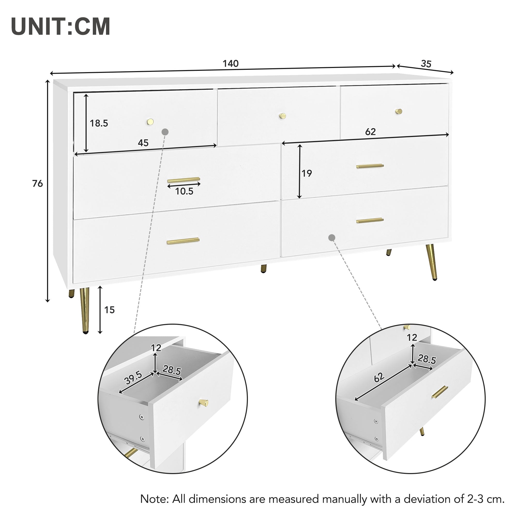 Logidon Wit Dressoir 7 Laden Met Gouden Handgrepen 140x35x76cm