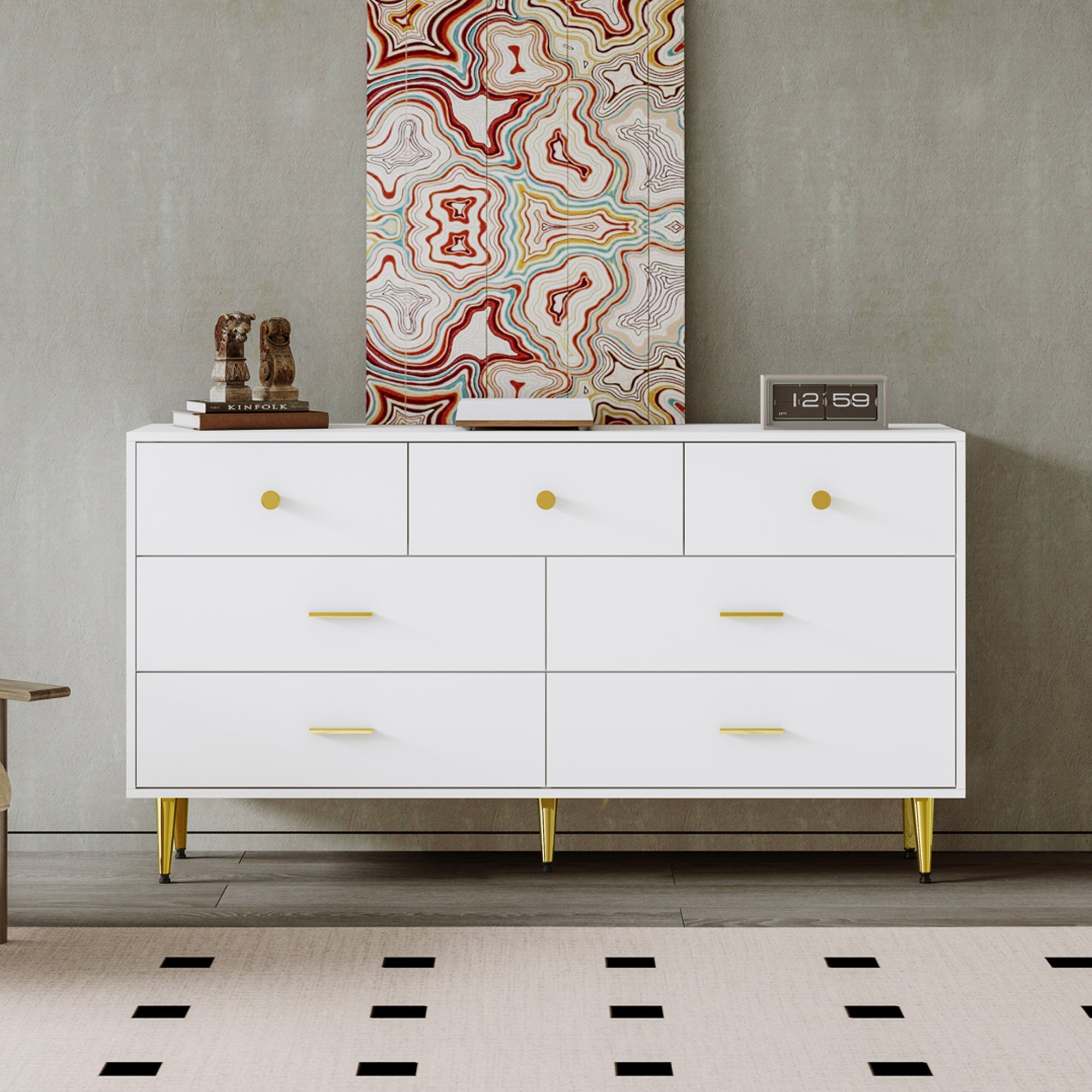 Logidon Wit Dressoir 7 Laden Met Gouden Handgrepen 140x35x76cm