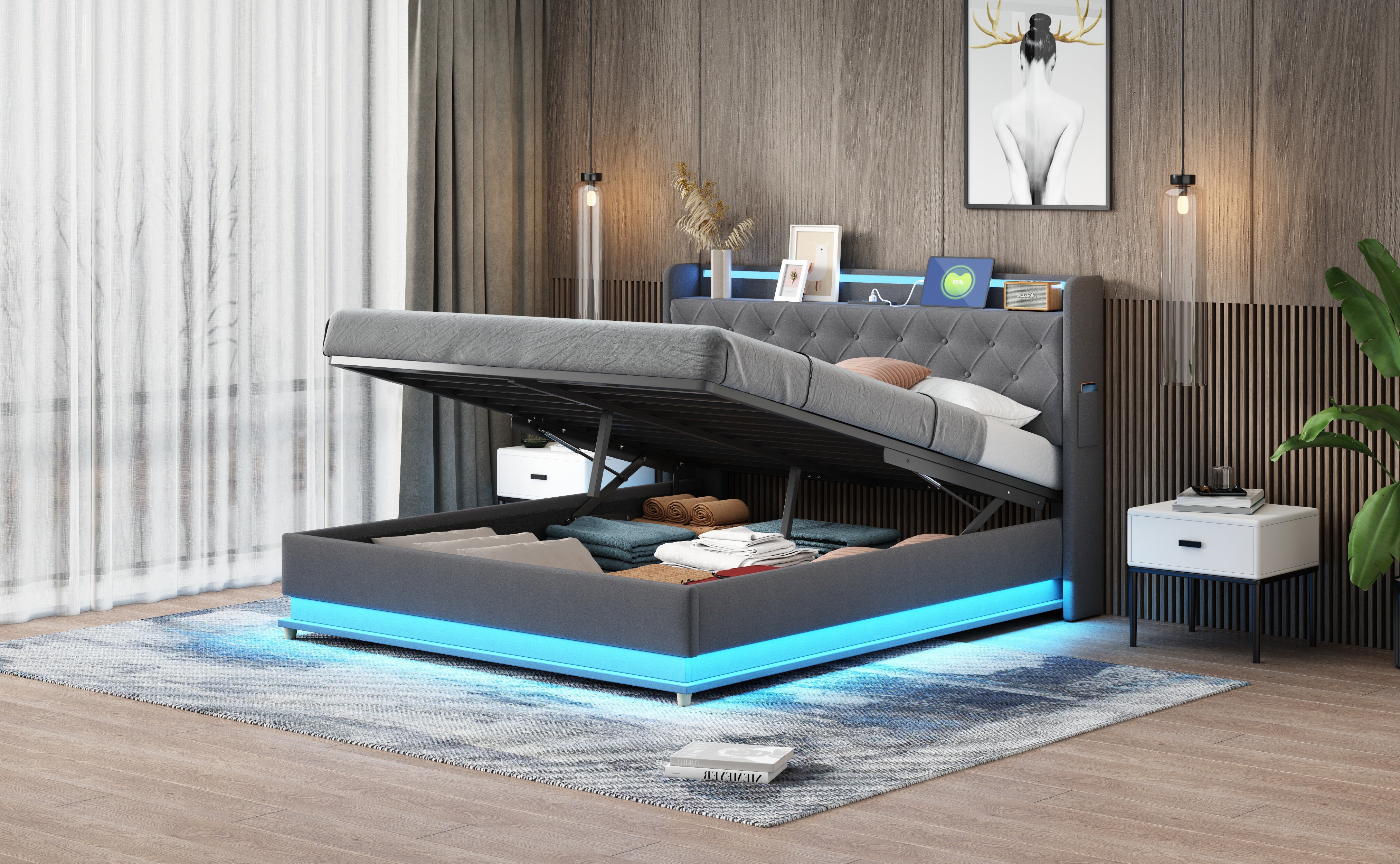 Logidon LED upholstered bed 160x200 USB charging port hydraulic bearing
