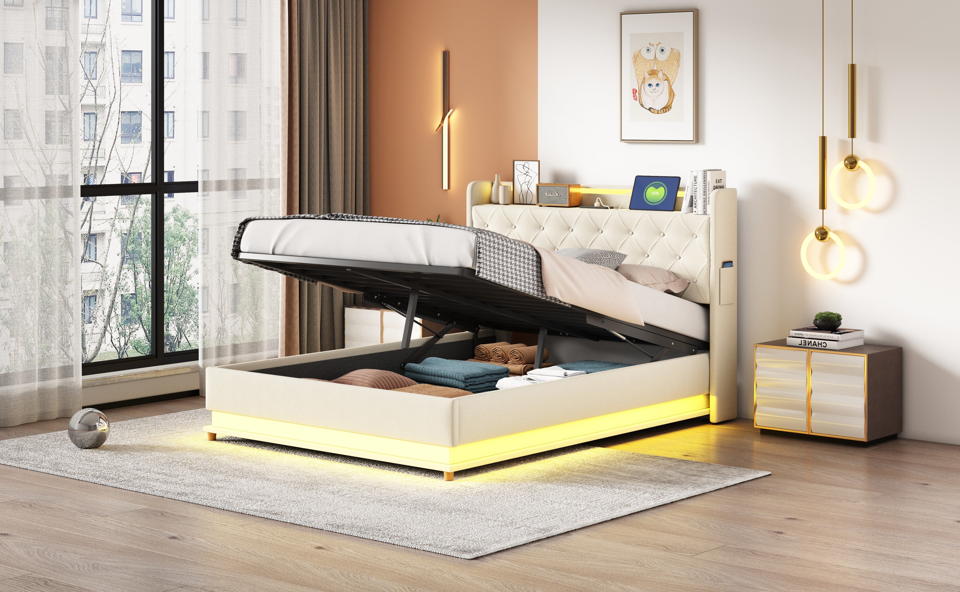 Logidon LED gestoffeerd bed 140x200 beige USB-oplaadpoort en opbergruimte