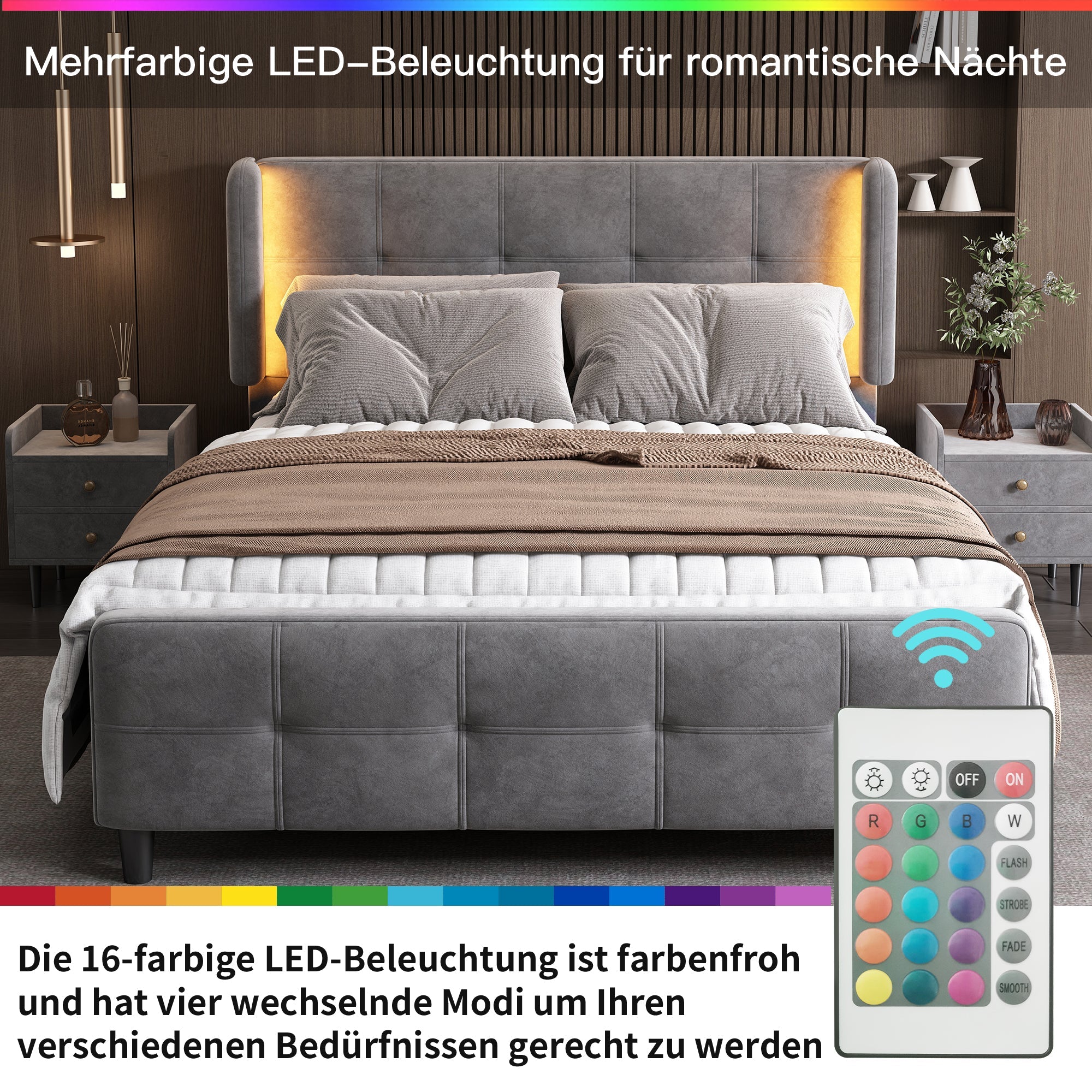 Logidon gestoffeerd tweepersoonsbed met 16 kleuren LED-strips grijs 140x200