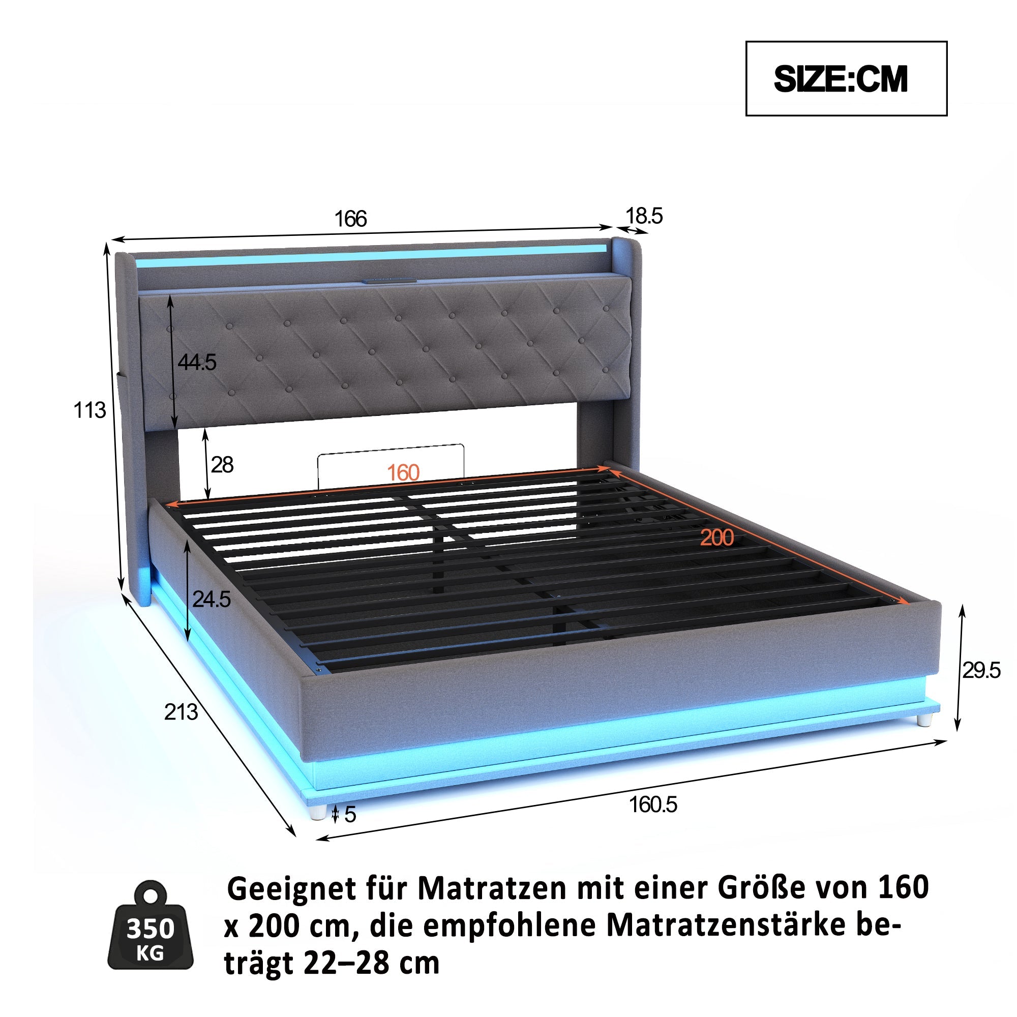 Logidon LED gestoffeerd bed 160x200 USB-oplaadpoort hydraulisch gelagerd