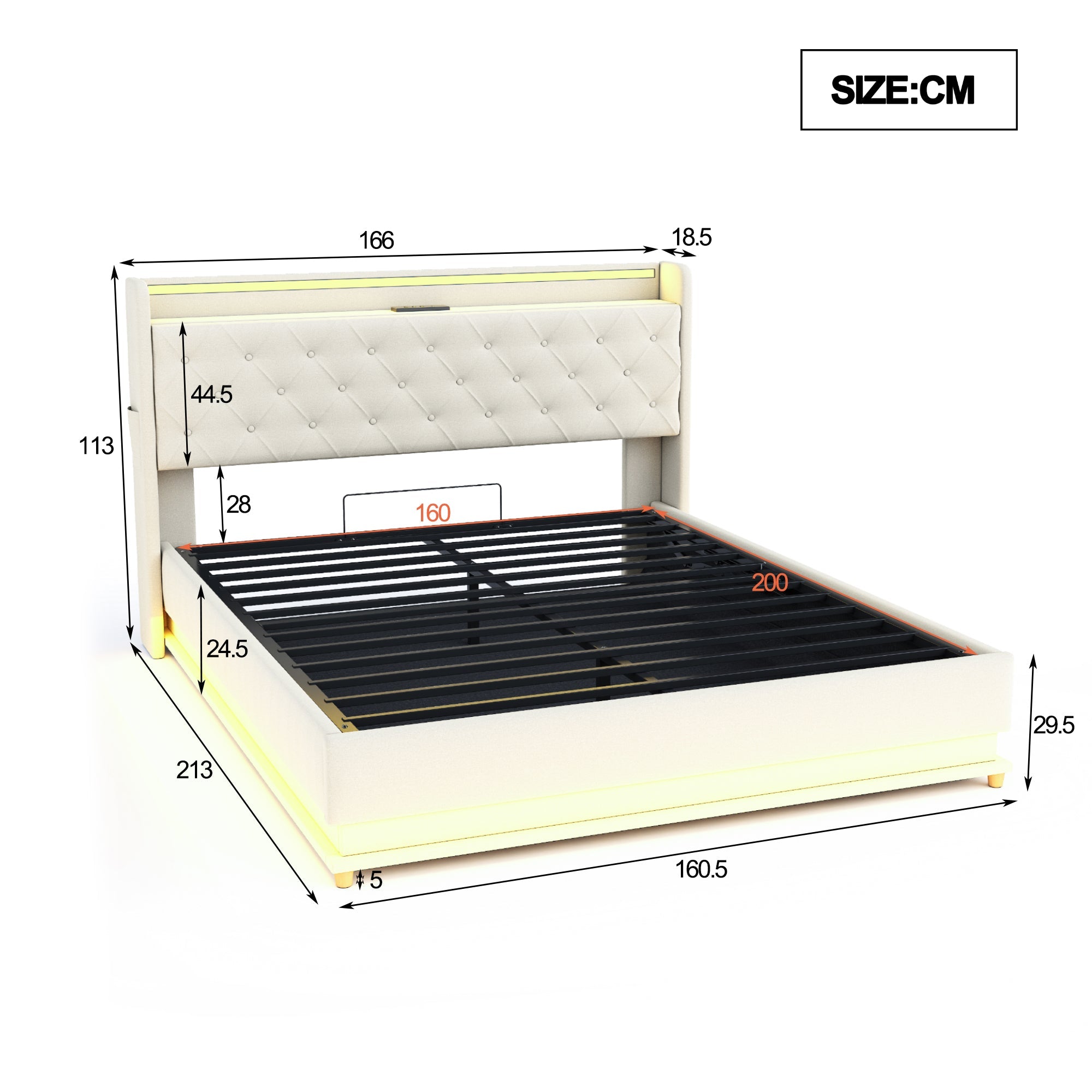 Logidon LED gestoffeerd bed 160x200 beige met USB-oplaadpoort
