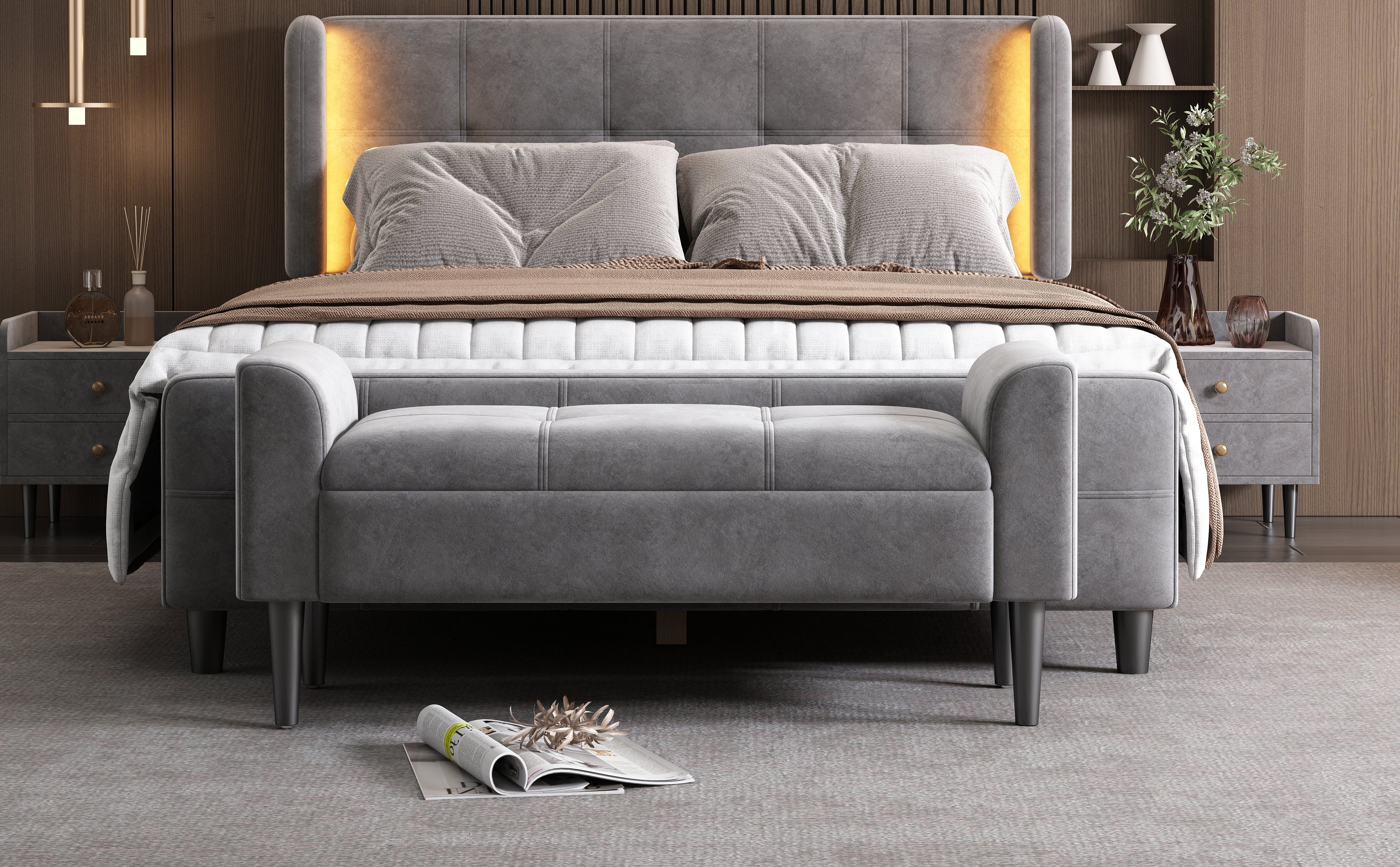 Logidon gestoffeerde bank met armleuning grijs fluweel 116 cm lengte