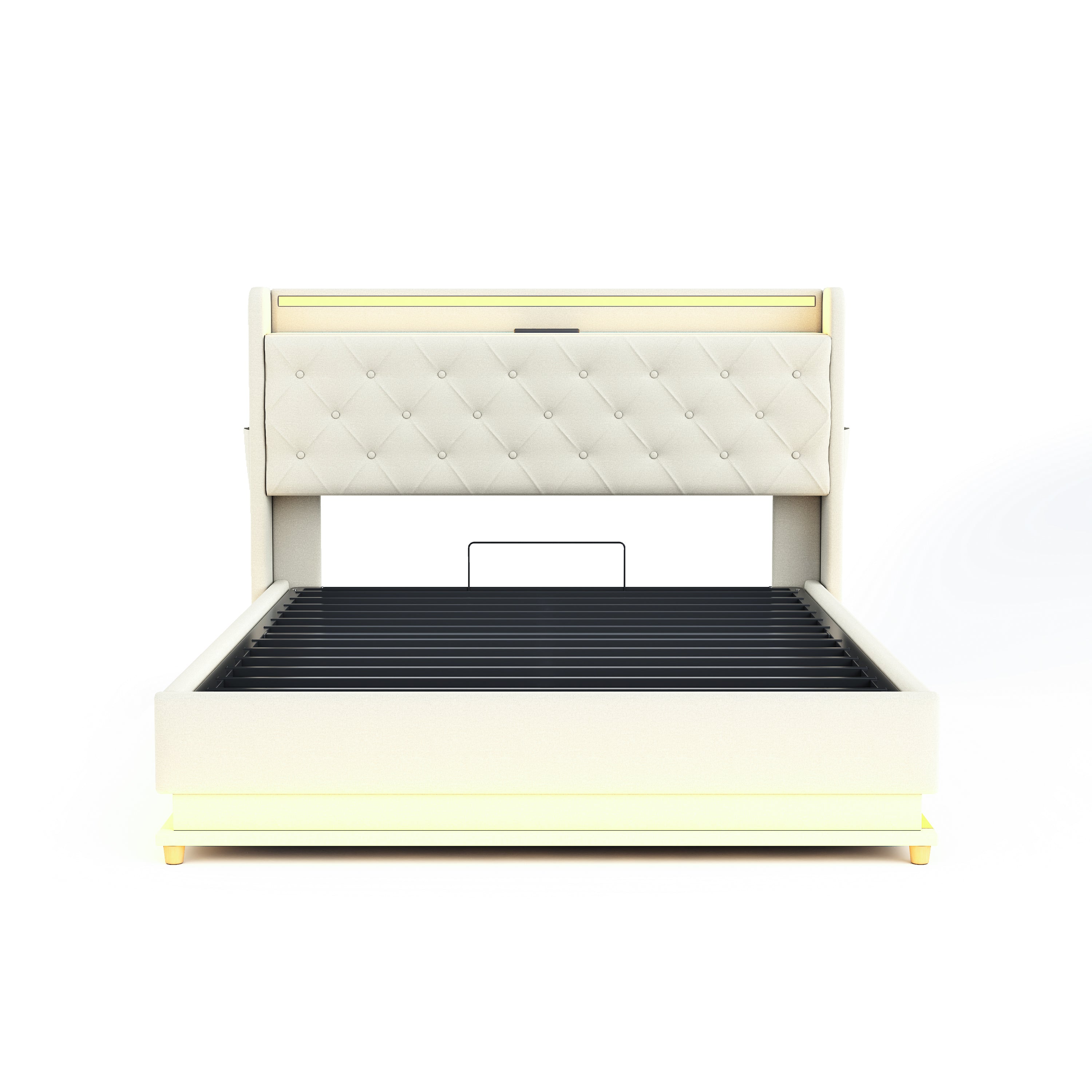 Logidon LED gestoffeerd bed 140x200 beige USB-oplaadpoort en opbergruimte