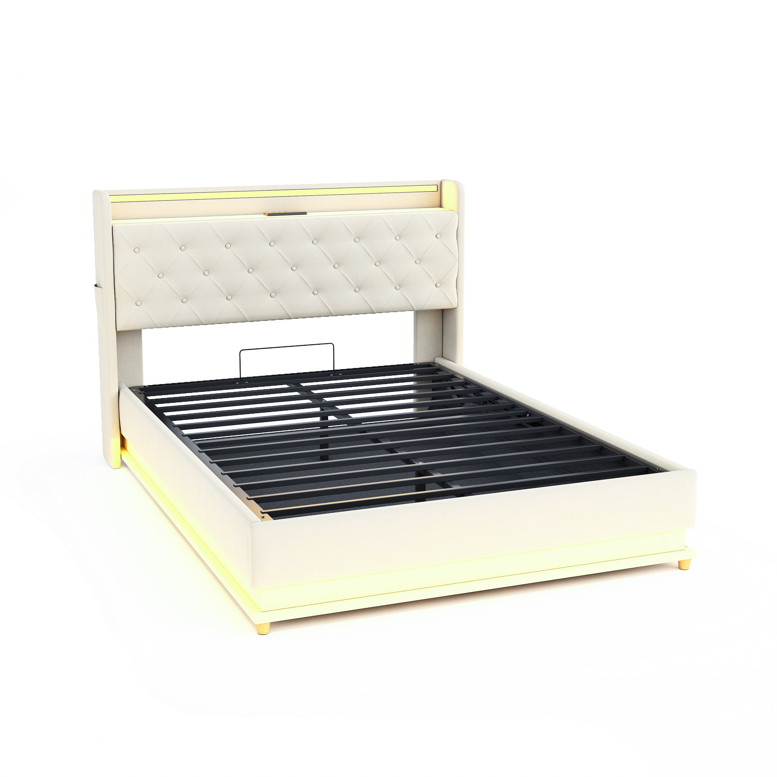 Logidon LED gestoffeerd bed 140x200 beige USB-oplaadpoort en opbergruimte