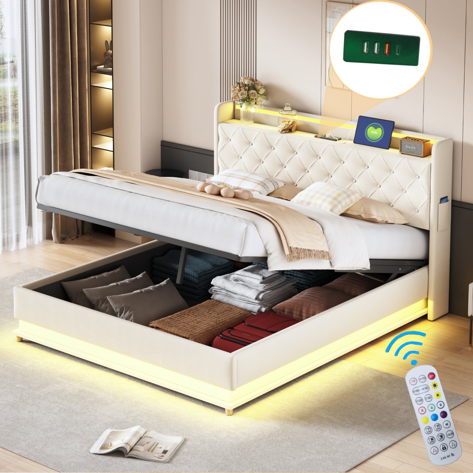 Logidon LED upholstered bed 160x200 beige with USB charging port