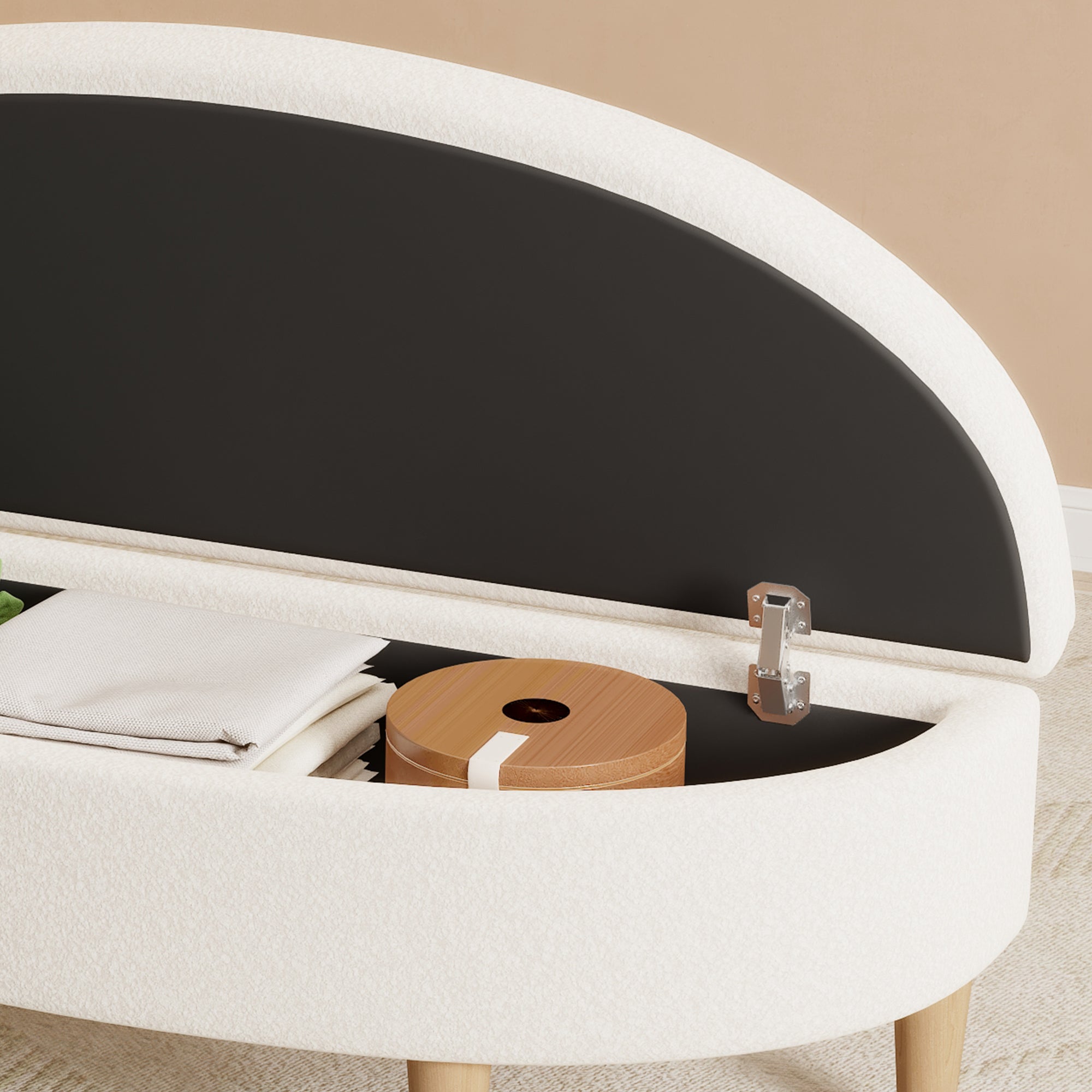 Logidon Half Round Upholstered Bench White With Storage Space And Wooden Legs
