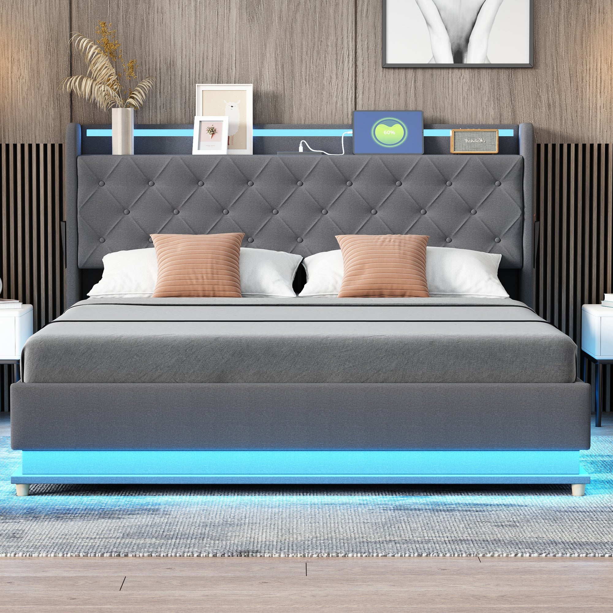 Logidon LED upholstered bed 160x200 USB charging port hydraulic bearing