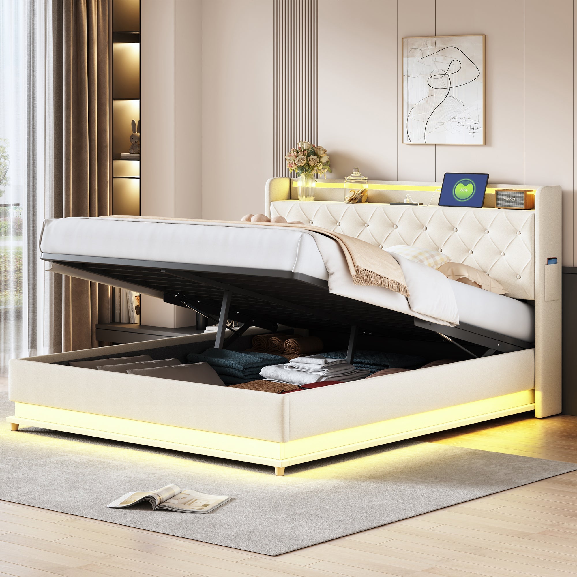 Logidon LED upholstered bed 160x200 beige with USB charging port