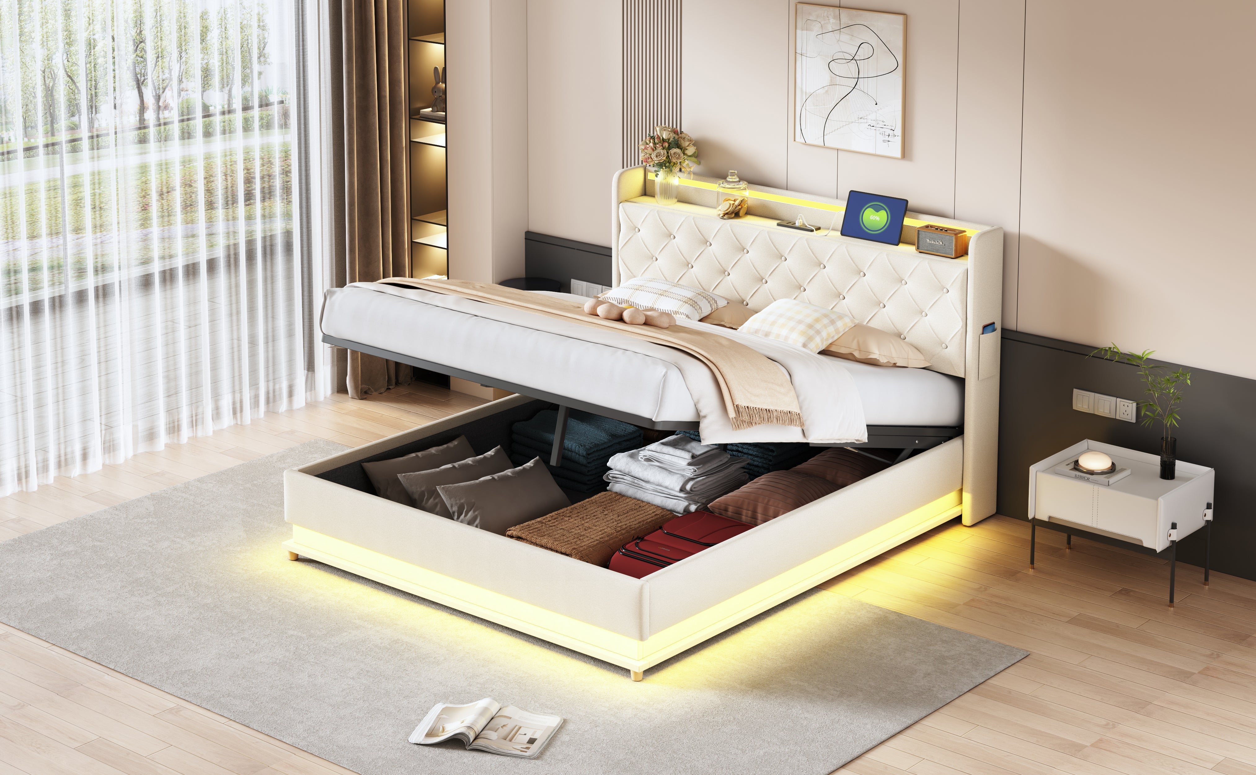 Logidon LED upholstered bed 160x200 beige with USB charging port