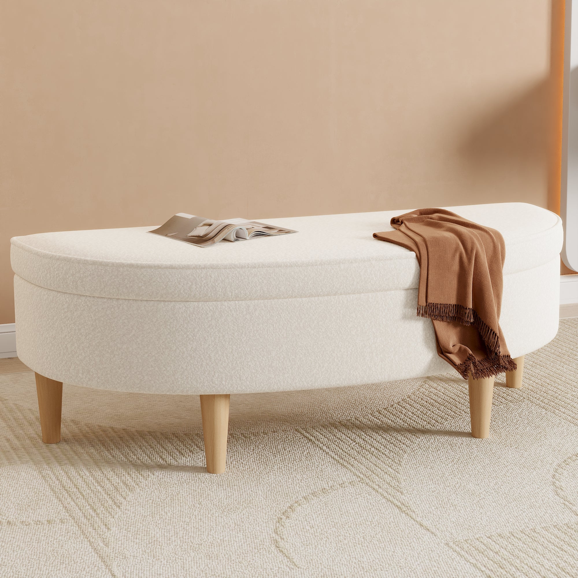 Logidon Half Round Upholstered Bench White With Storage Space And Wooden Legs