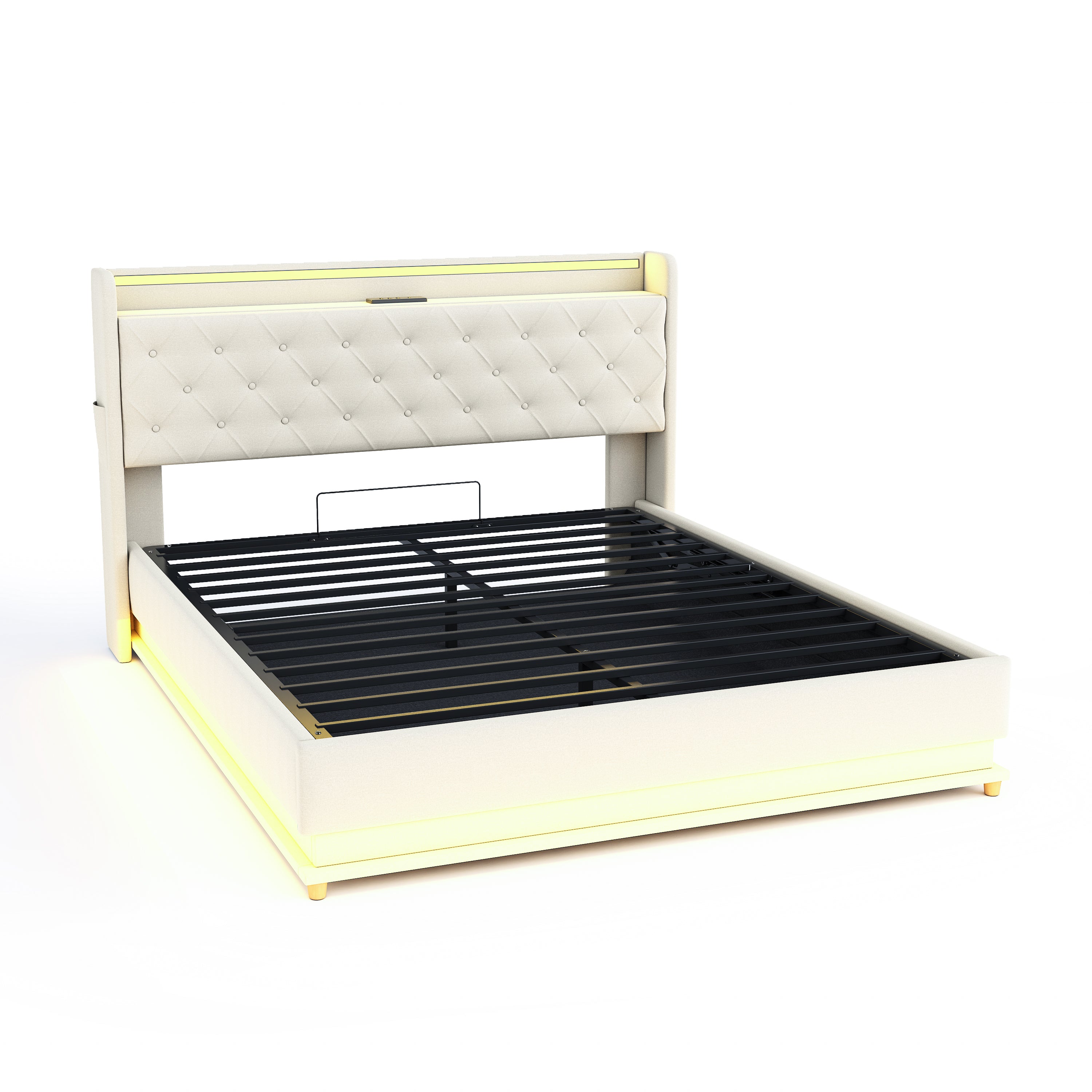 Logidon LED upholstered bed 160x200 beige with USB charging port