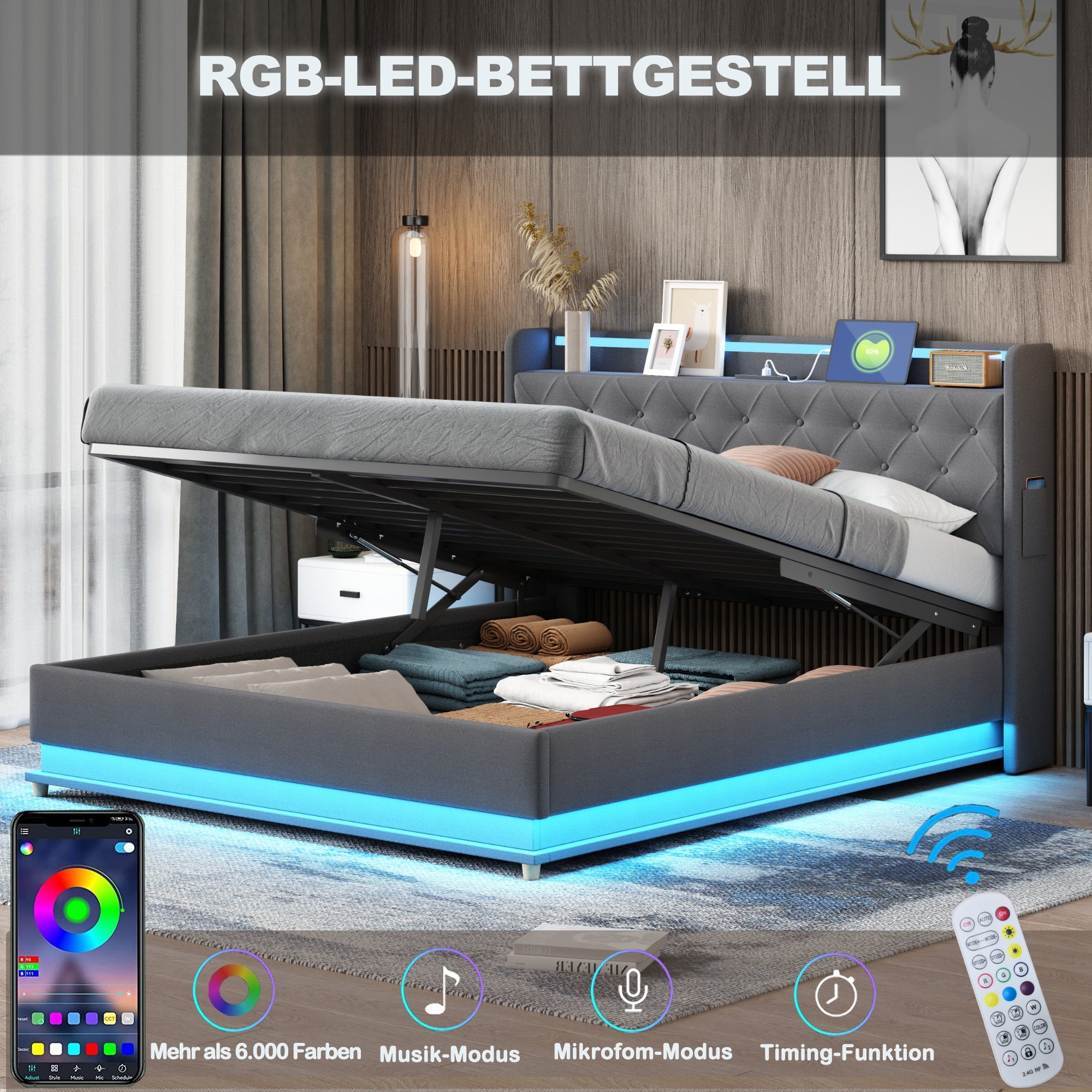 Logidon LED upholstered bed 160x200 USB charging port hydraulic bearing