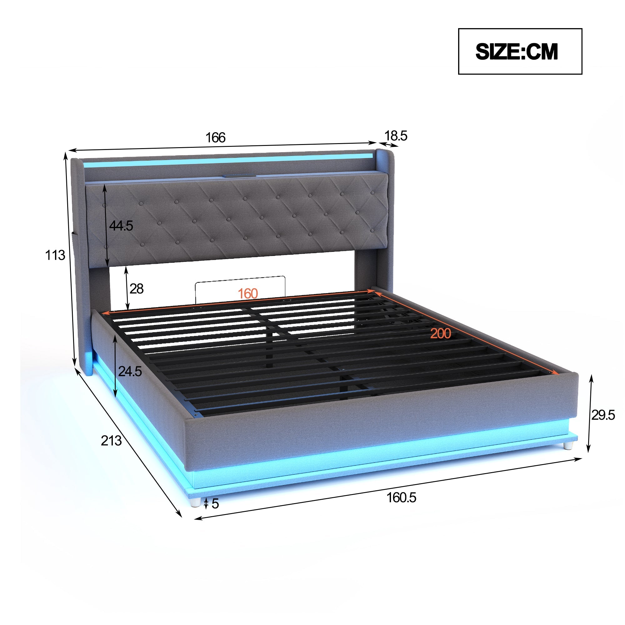 Logidon LED upholstered bed 160x200 USB charging port hydraulic bearing