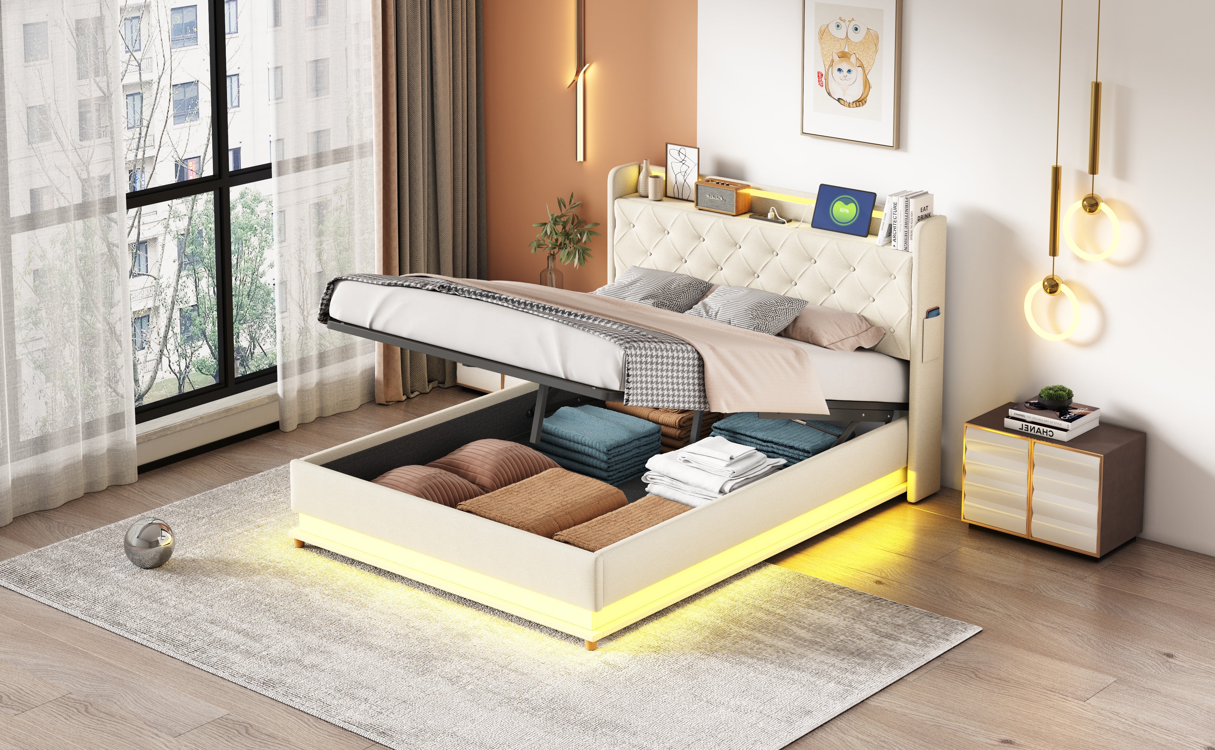 Logidon LED gestoffeerd bed 140x200 beige USB-oplaadpoort en opbergruimte