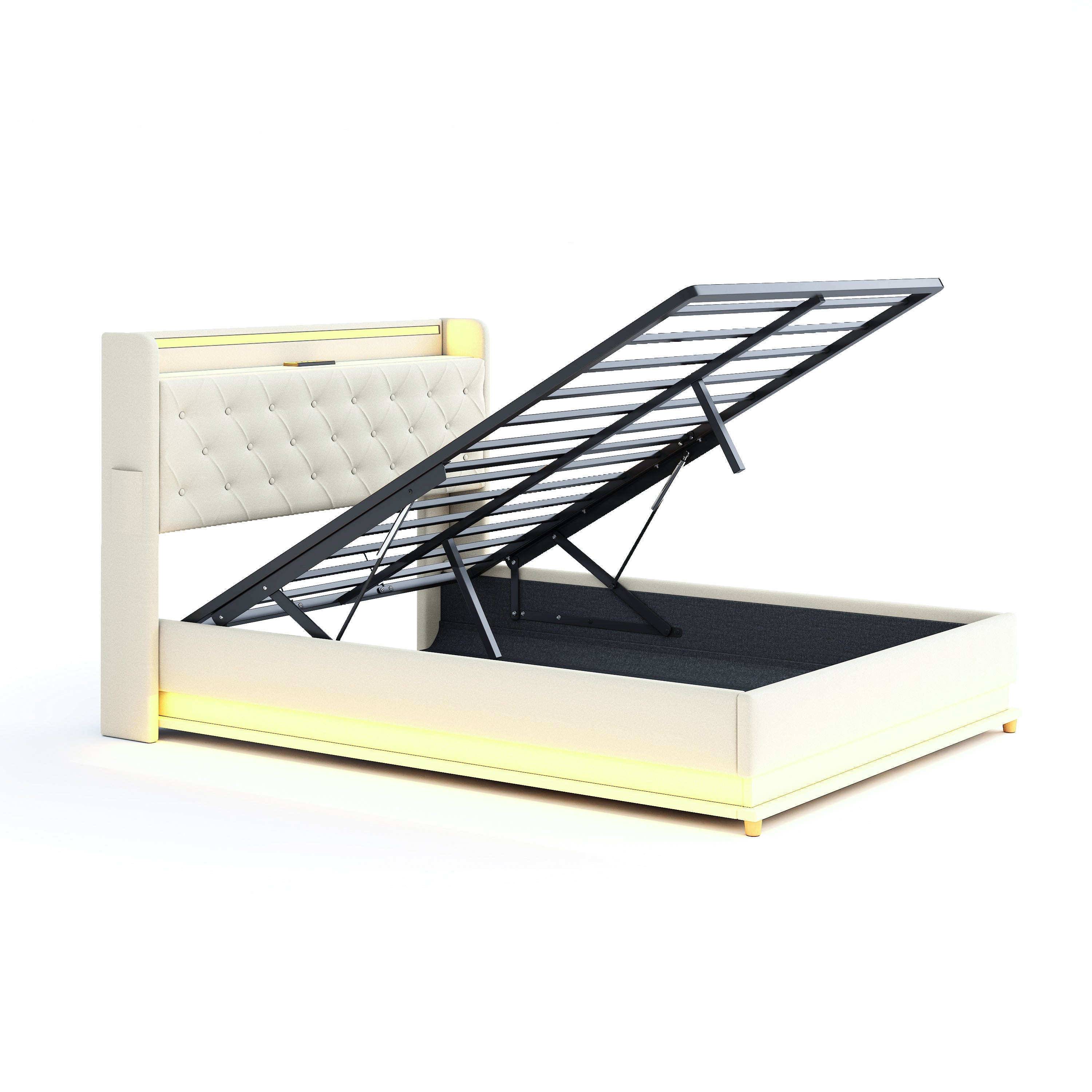 Logidon LED gestoffeerd bed 140x200 beige USB-oplaadpoort en opbergruimte
