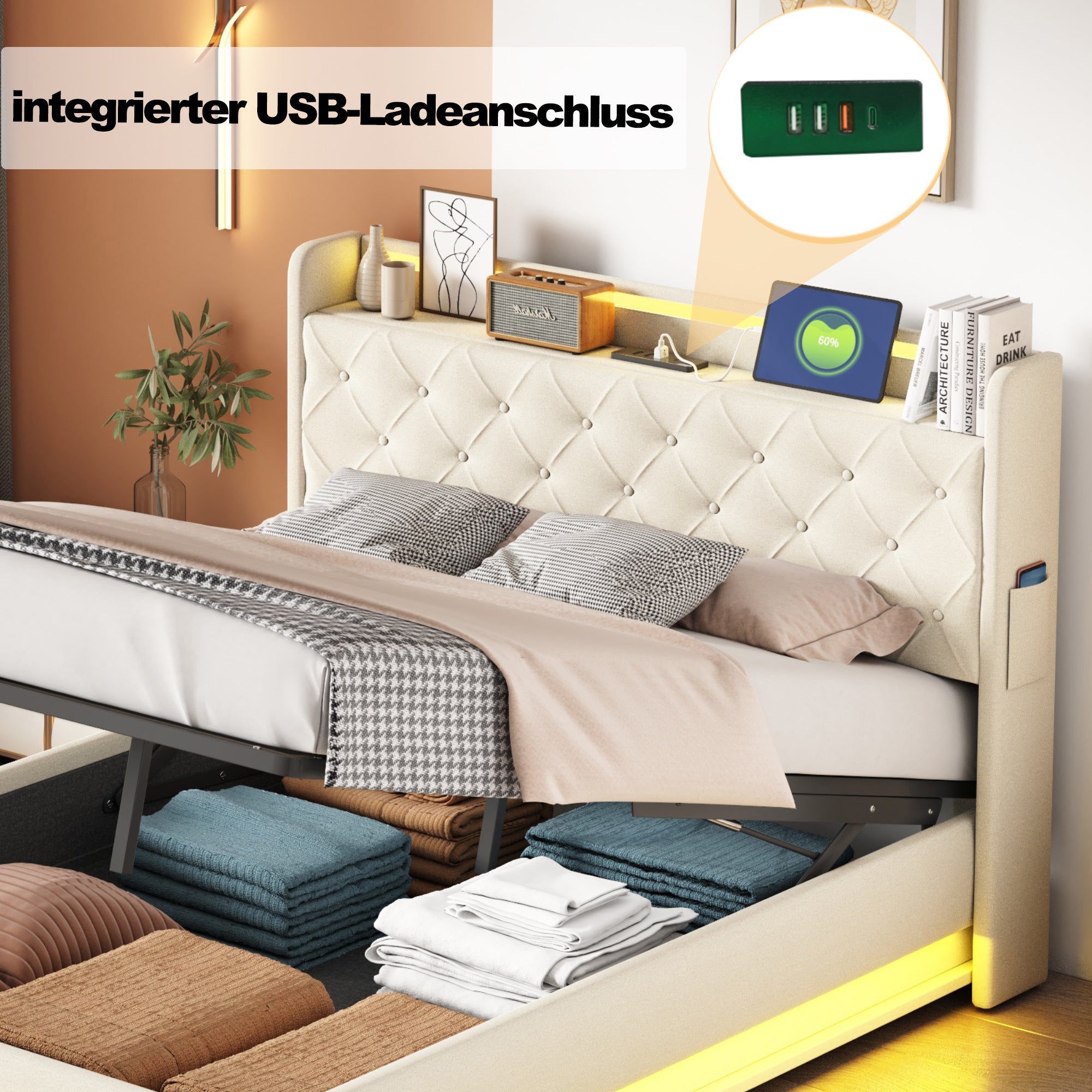 Logidon LED gestoffeerd bed 140x200 beige USB-oplaadpoort en opbergruimte