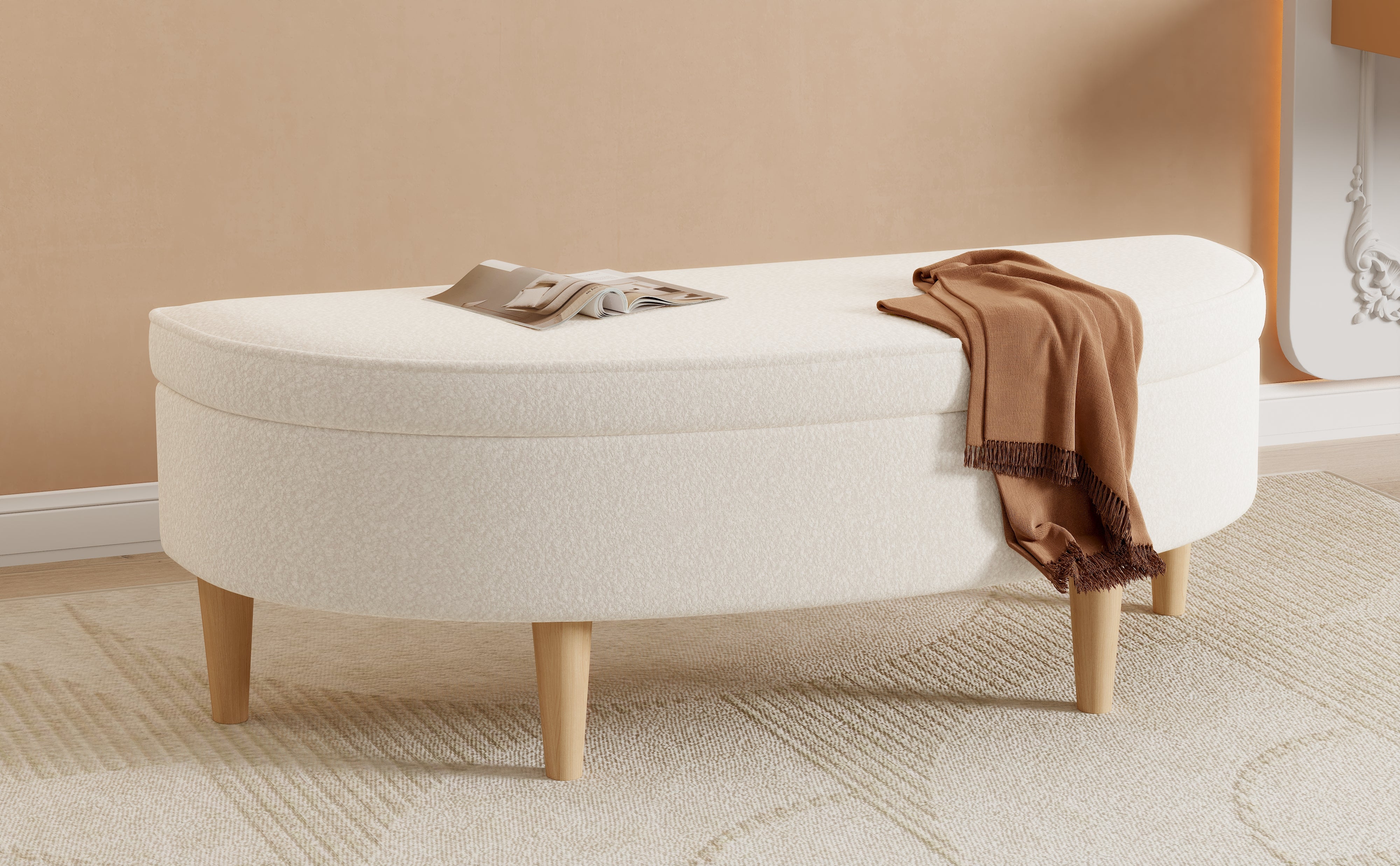 Logidon Half Round Upholstered Bench White With Storage Space And Wooden Legs