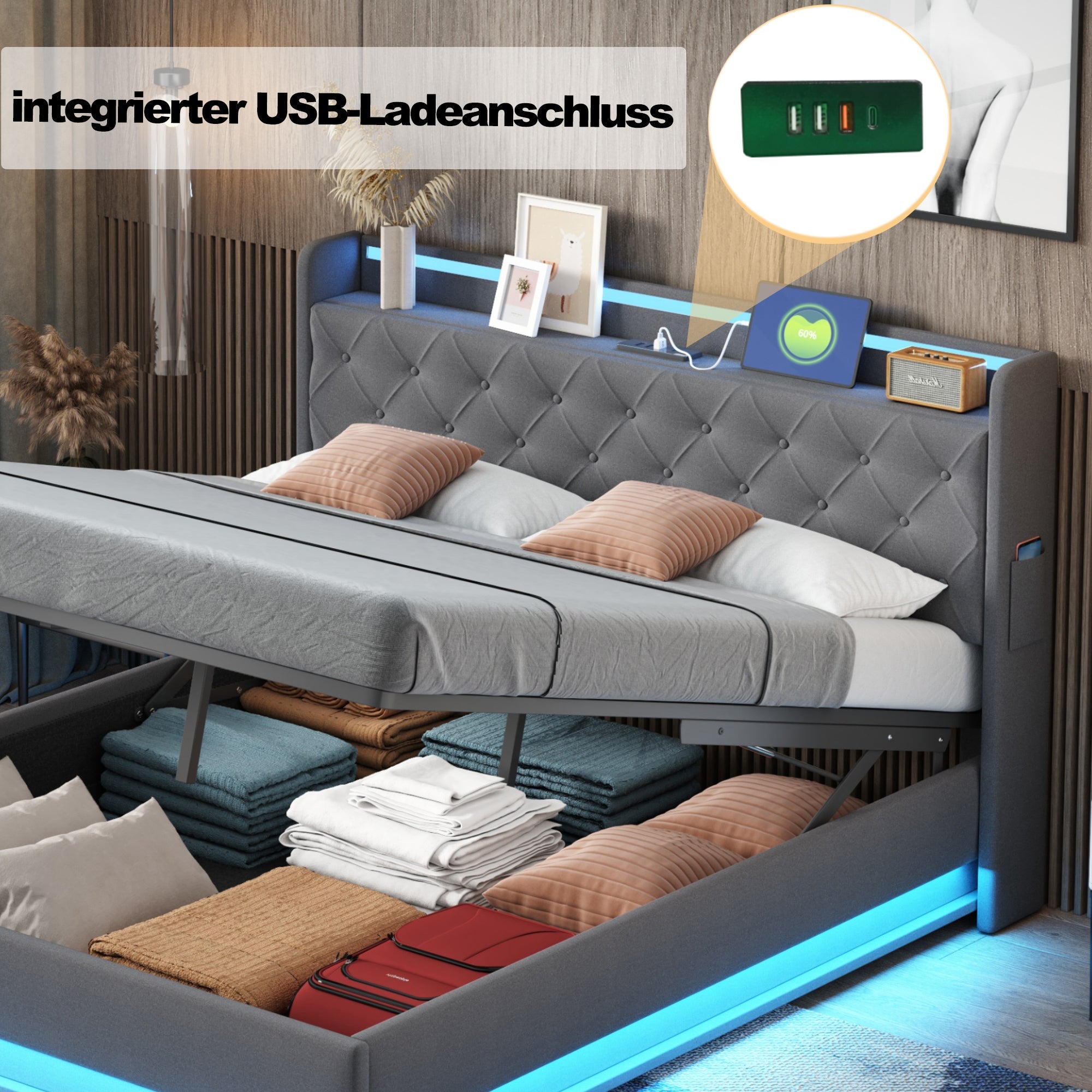 Logidon LED upholstered bed 160x200 USB charging port hydraulic bearing