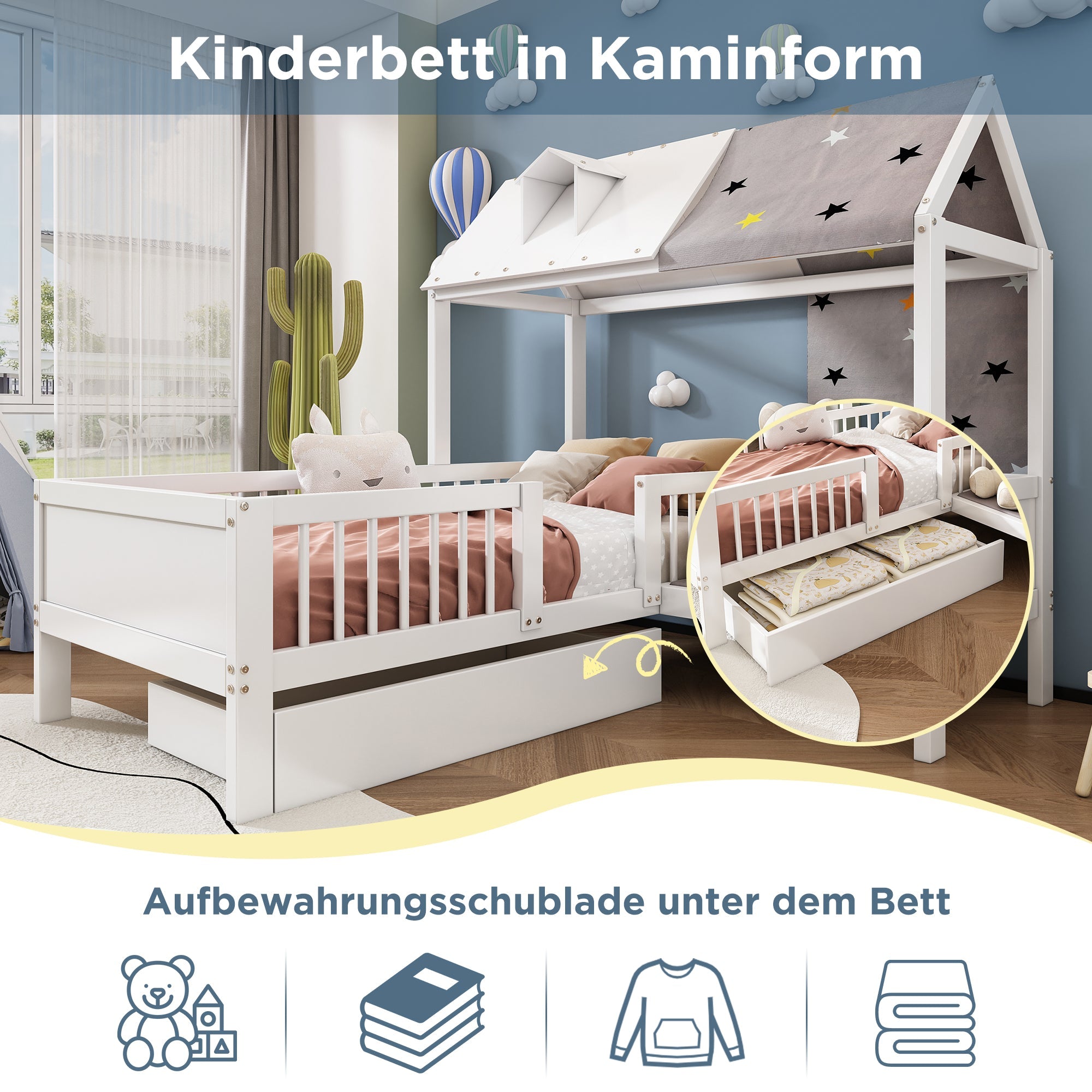 Logidon Huisvormig kinderbed hout 90x200 Witte tentstof Laden
