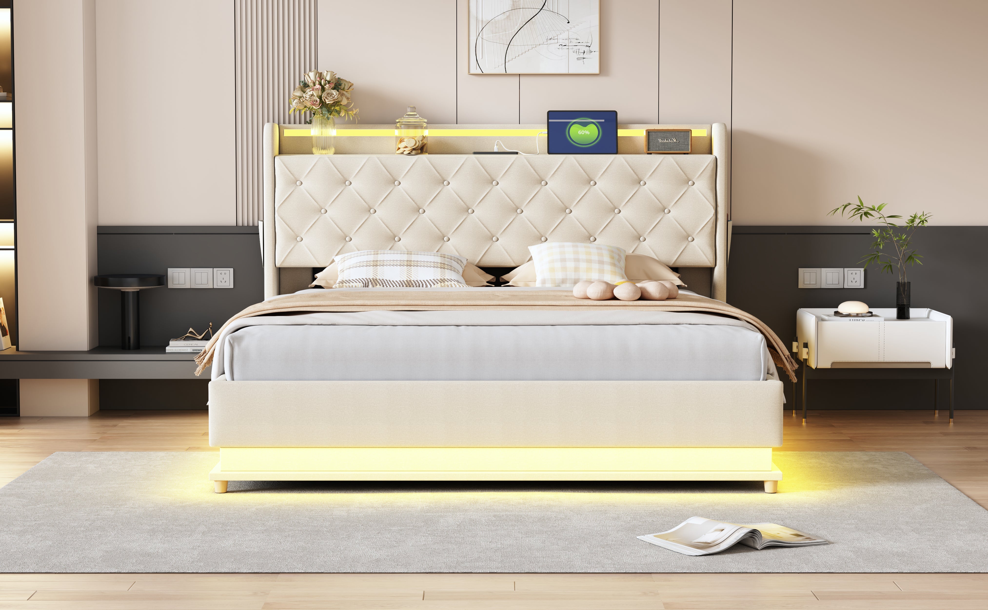 Logidon LED upholstered bed 160x200 beige with USB charging port