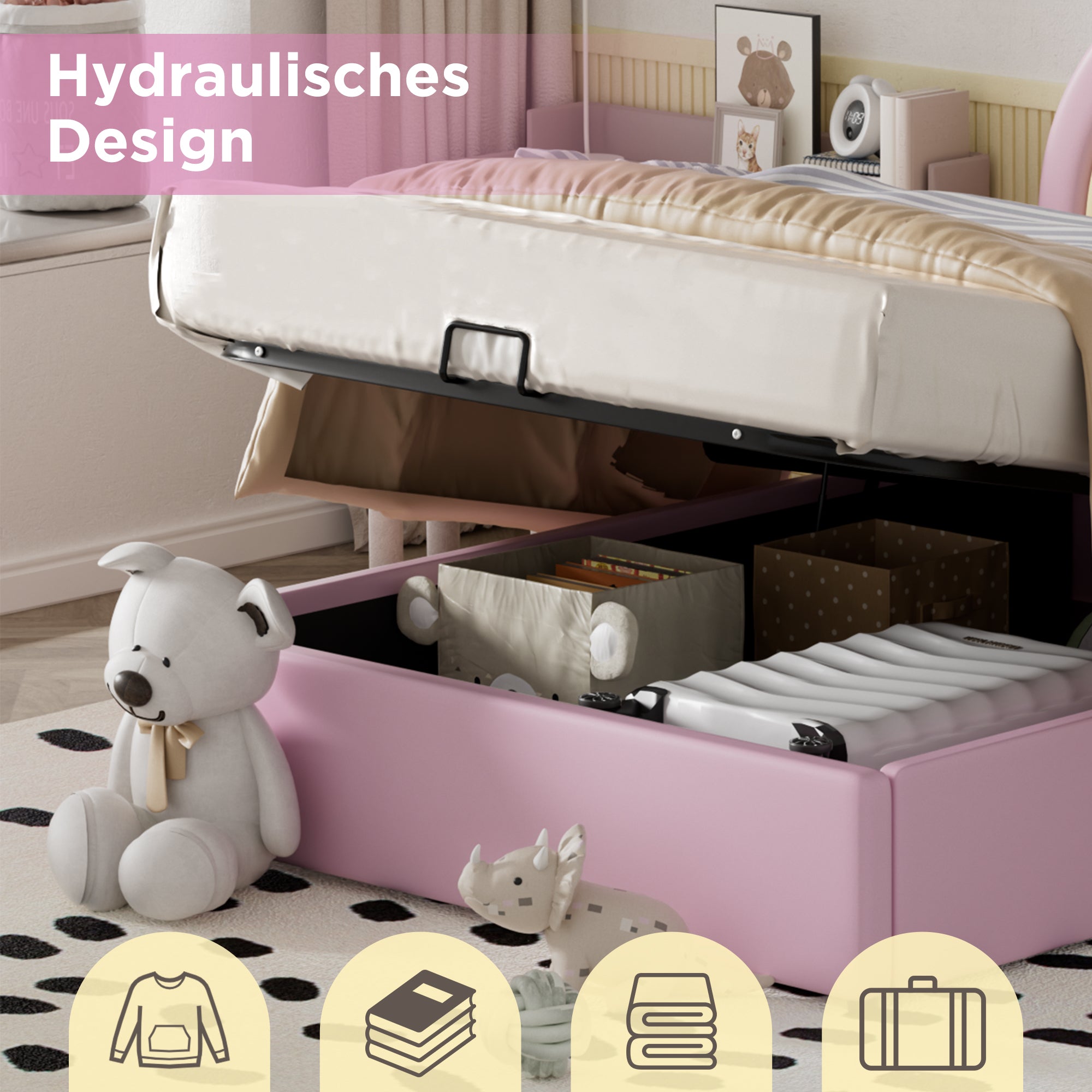 Logidon gestoffeerd bed 90x200 roze hydraulisch bed in hoogte verstelbaar