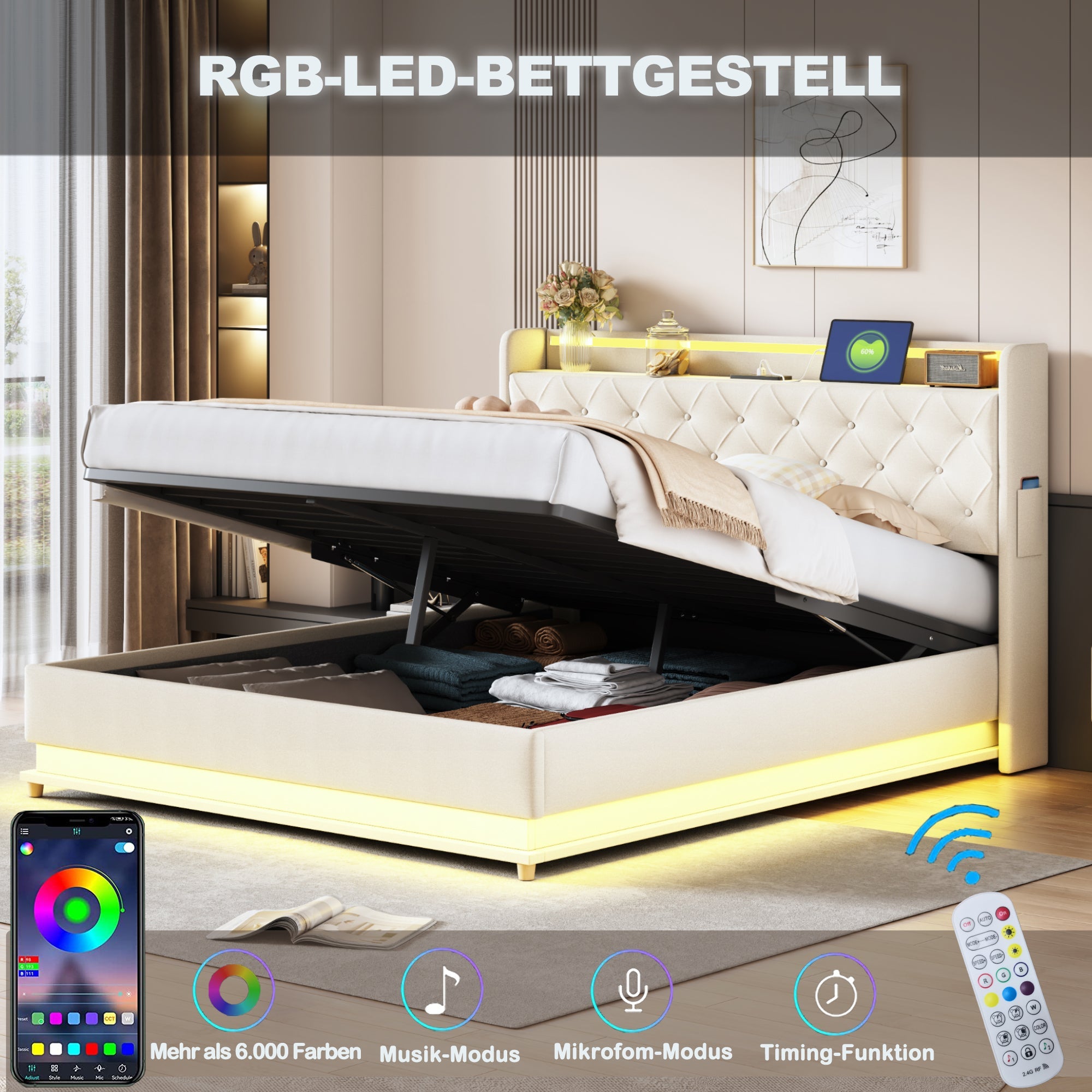 Logidon LED upholstered bed 160x200 beige with USB charging port