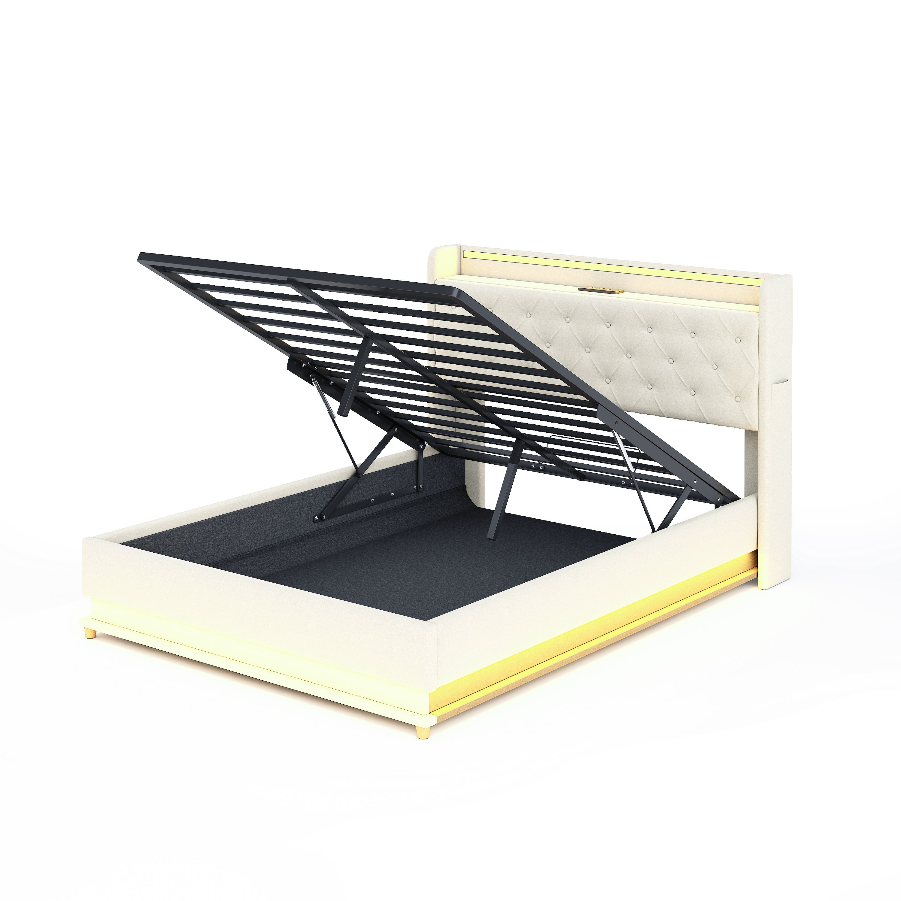 Logidon LED gestoffeerd bed 140x200 beige USB-oplaadpoort en opbergruimte