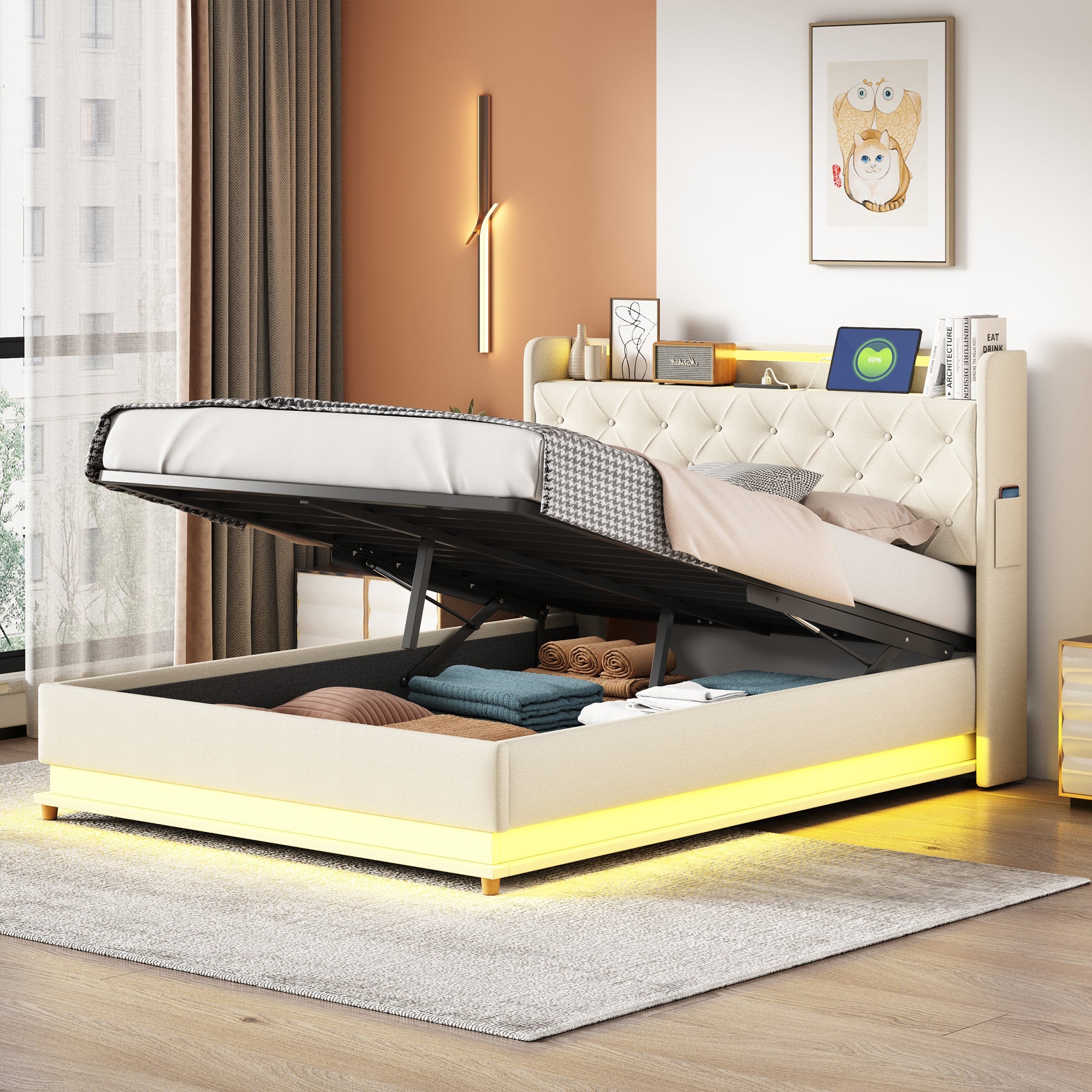 Logidon LED gestoffeerd bed 140x200 beige USB-oplaadpoort en opbergruimte