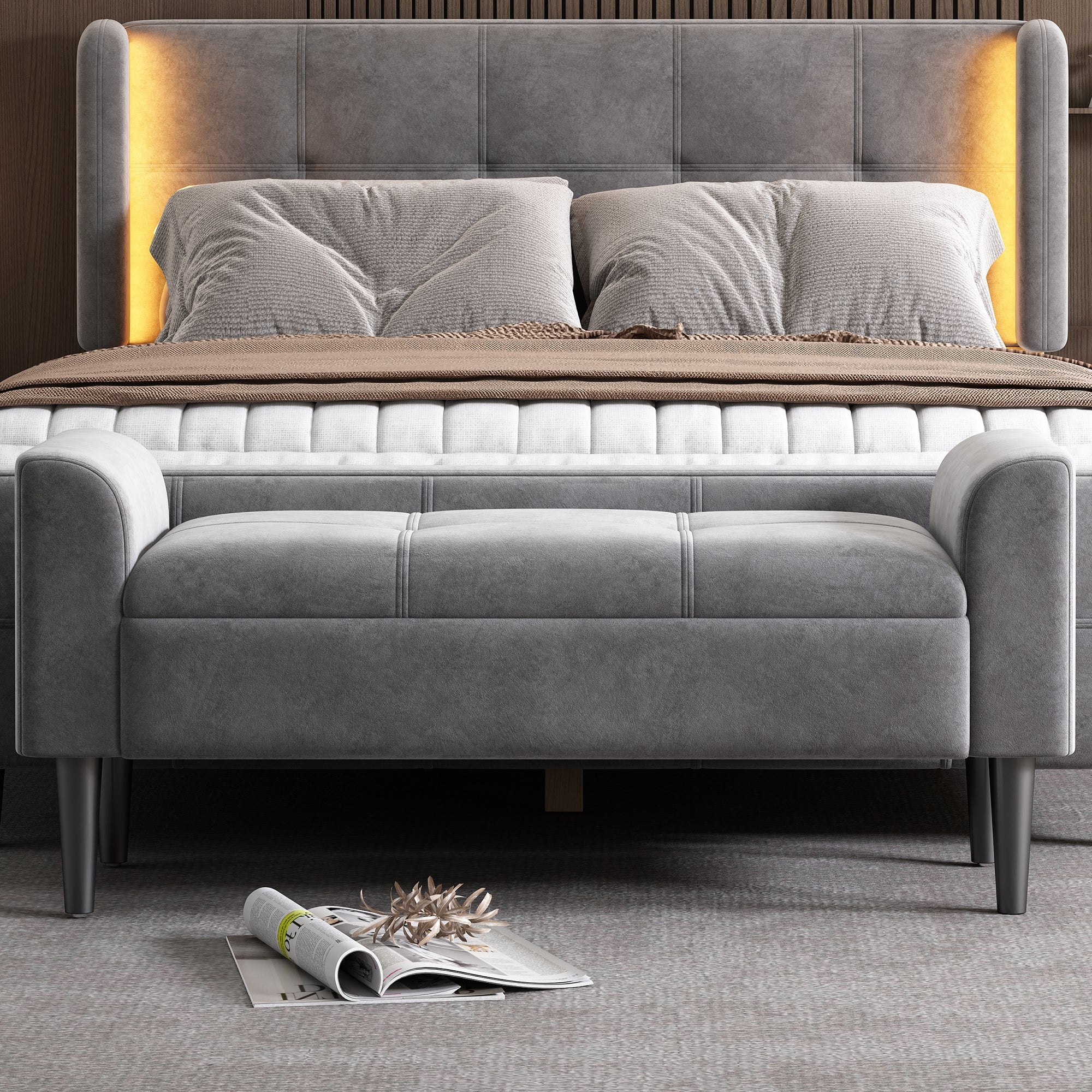 Logidon gestoffeerde bank met armleuning grijs fluweel 116 cm lengte