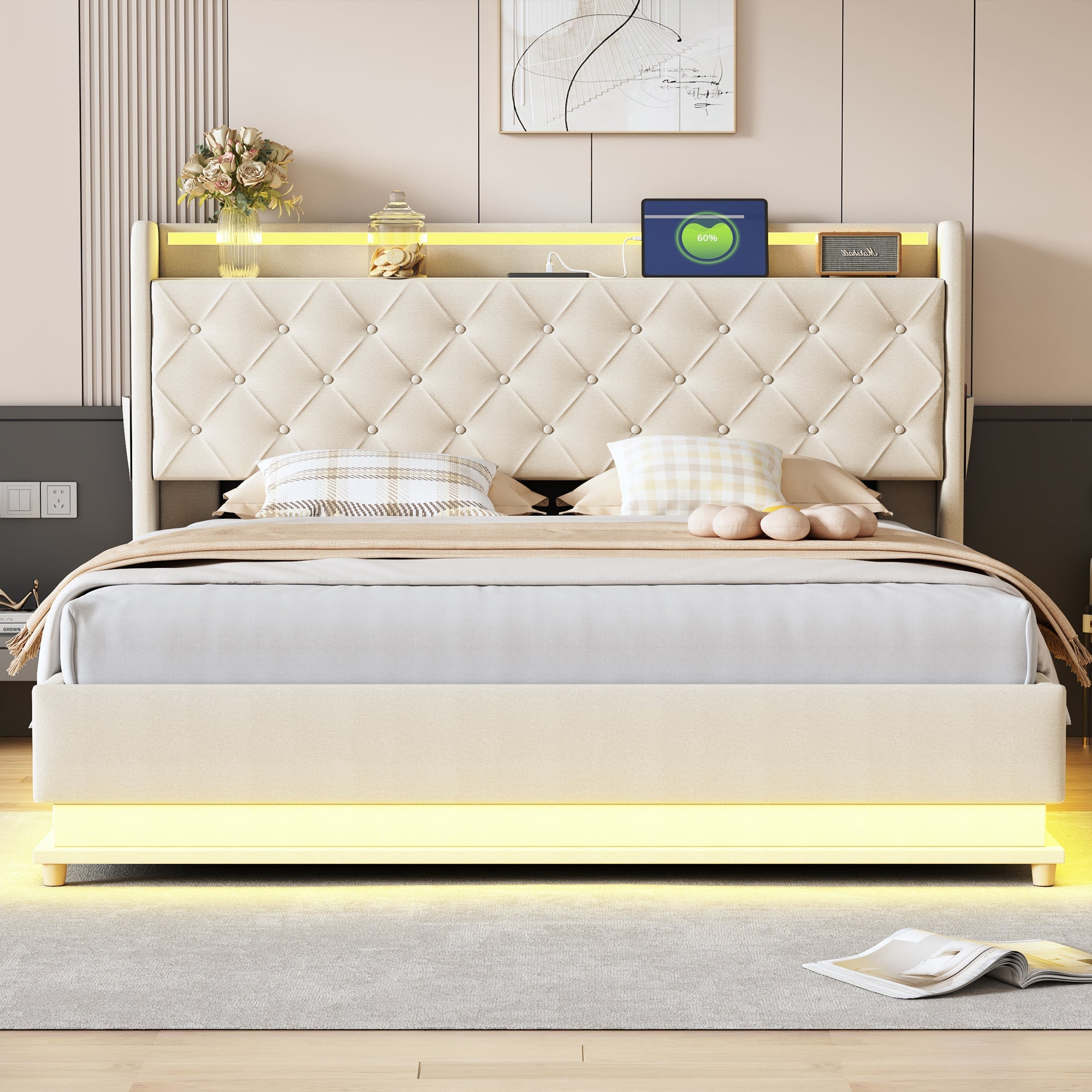 Logidon LED upholstered bed 160x200 beige with USB charging port