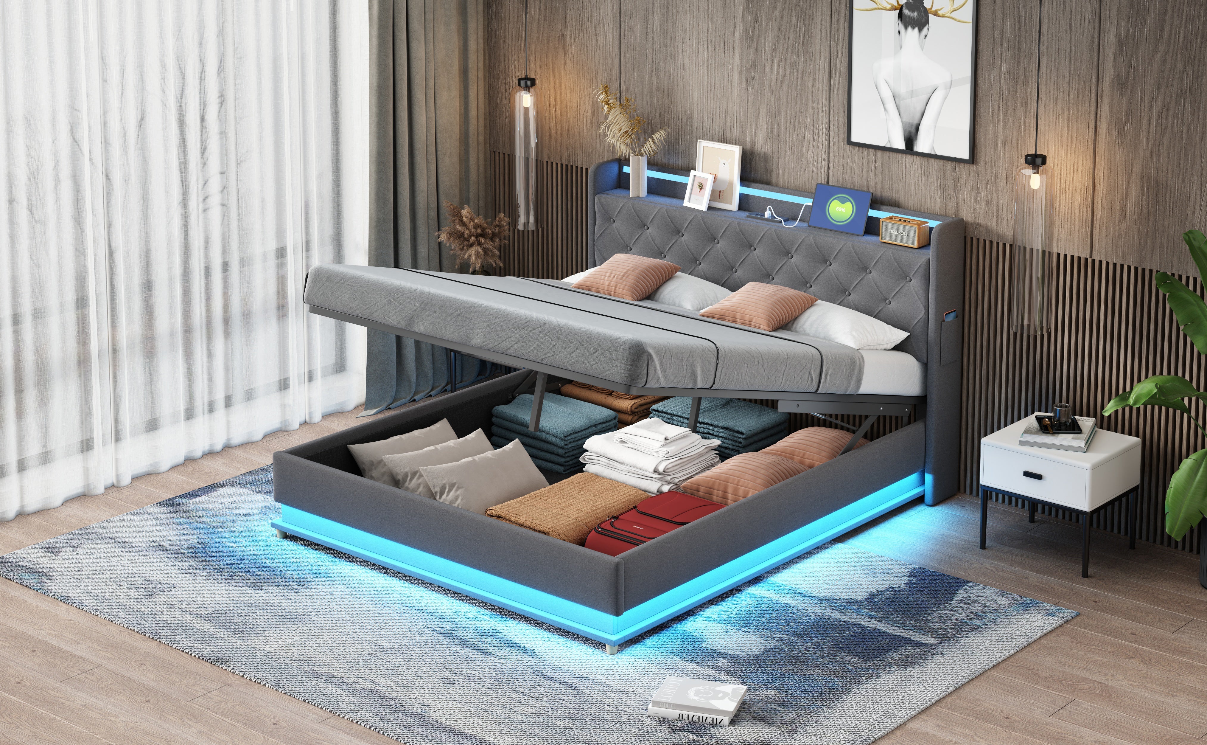 Logidon LED upholstered bed 160x200 USB charging port hydraulic bearing