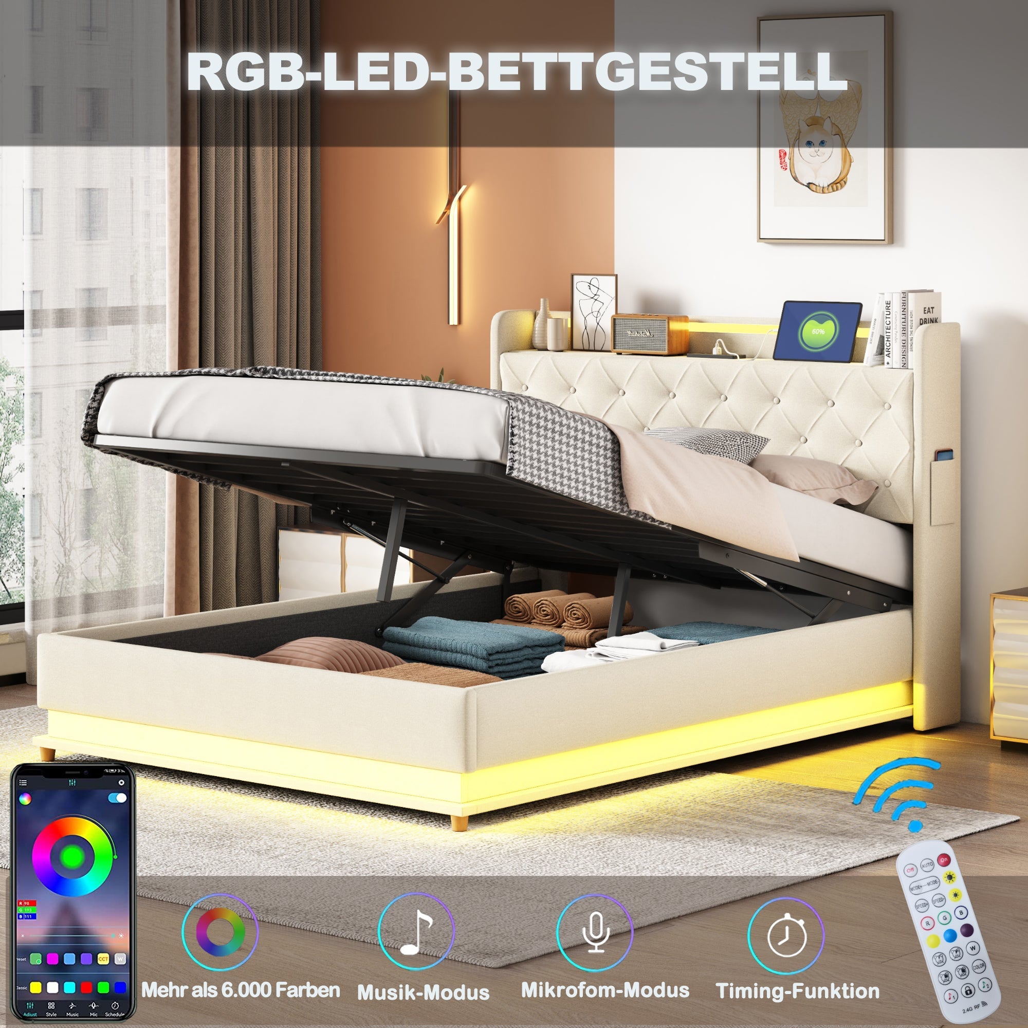 Logidon LED gestoffeerd bed 140x200 beige USB-oplaadpoort en opbergruimte