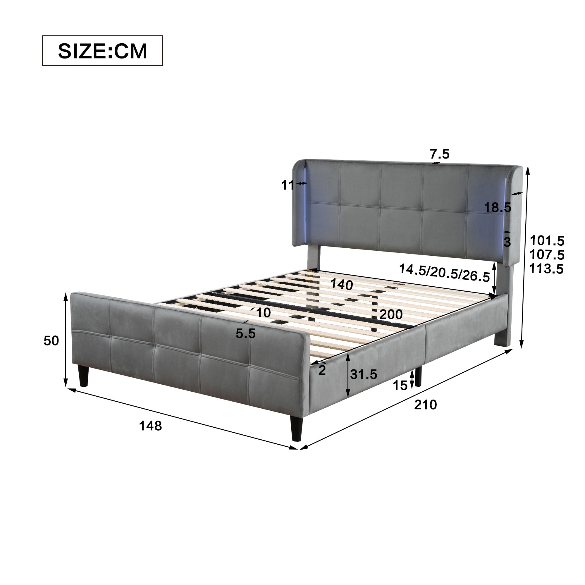 Logidon gestoffeerd tweepersoonsbed met 16 kleuren LED-strips grijs 140x200