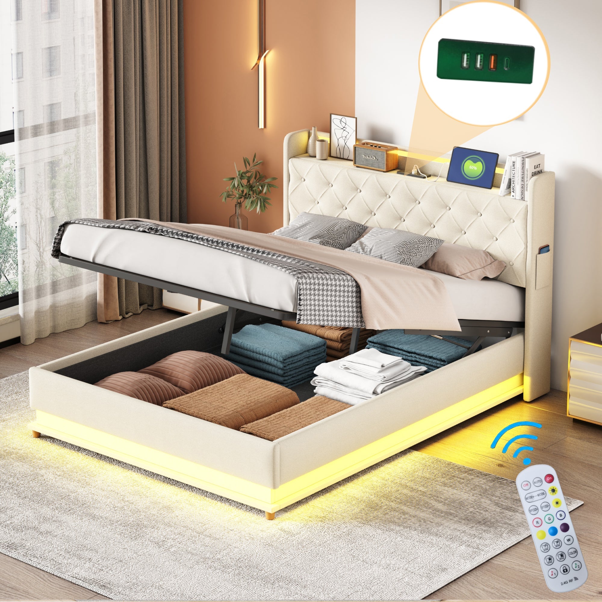 Logidon LED gestoffeerd bed 140x200 beige USB-oplaadpoort en opbergruimte