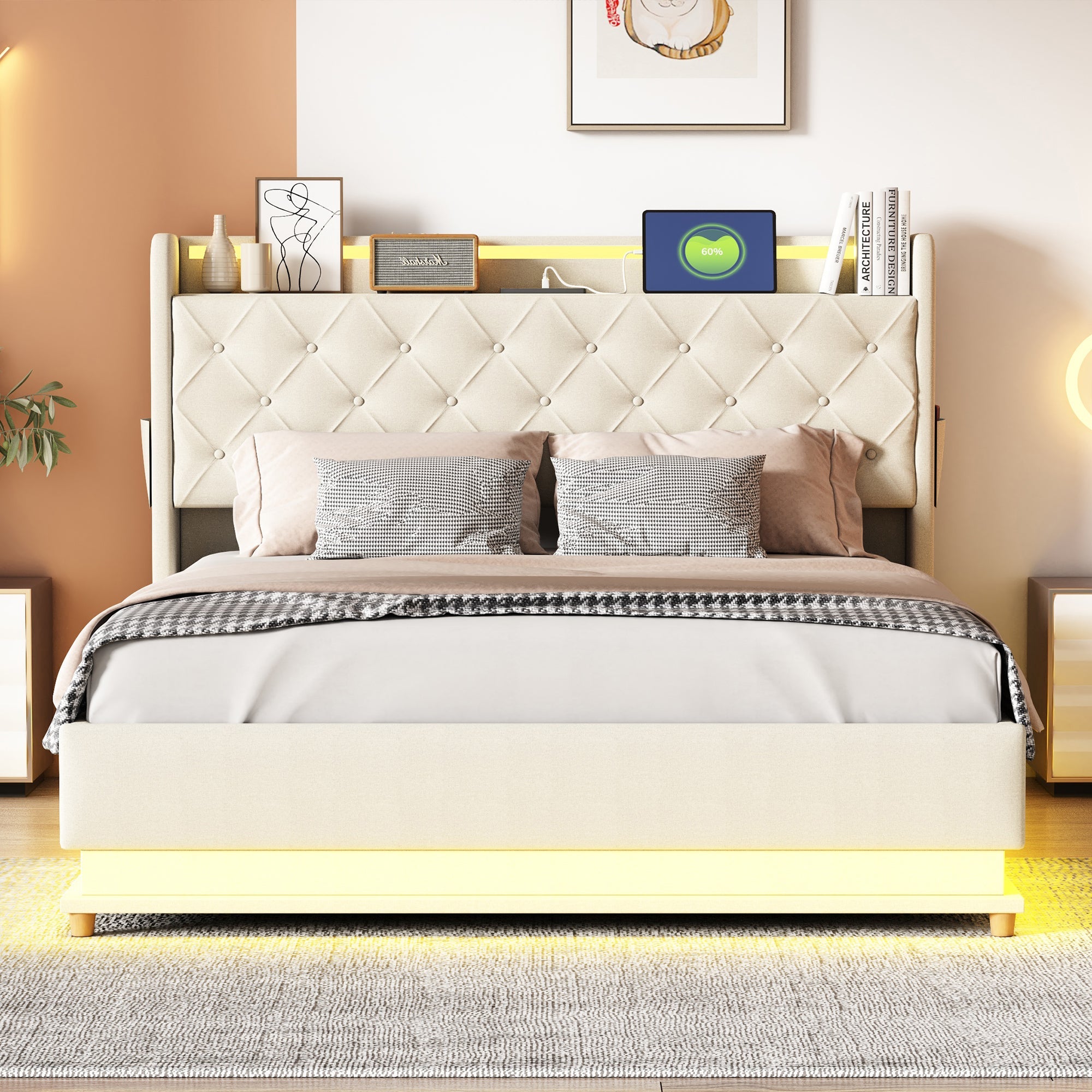 Logidon LED gestoffeerd bed 140x200 beige USB-oplaadpoort en opbergruimte