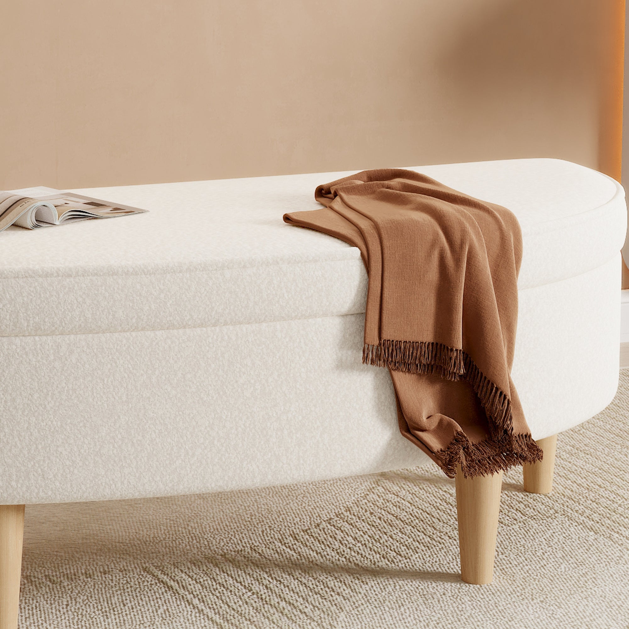 Logidon Half Round Upholstered Bench White With Storage Space And Wooden Legs