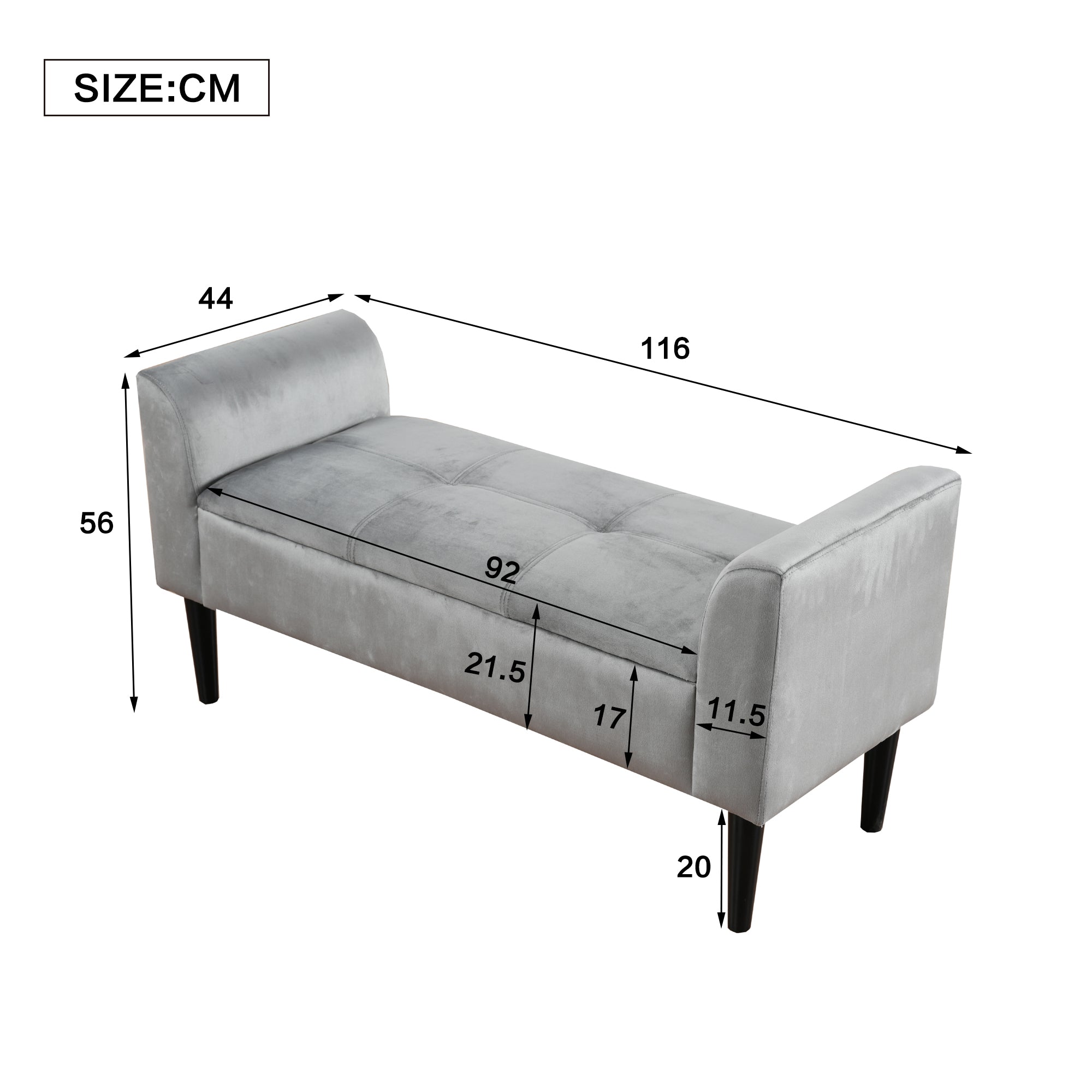 Logidon gestoffeerde bank met armleuning grijs fluweel 116 cm lengte