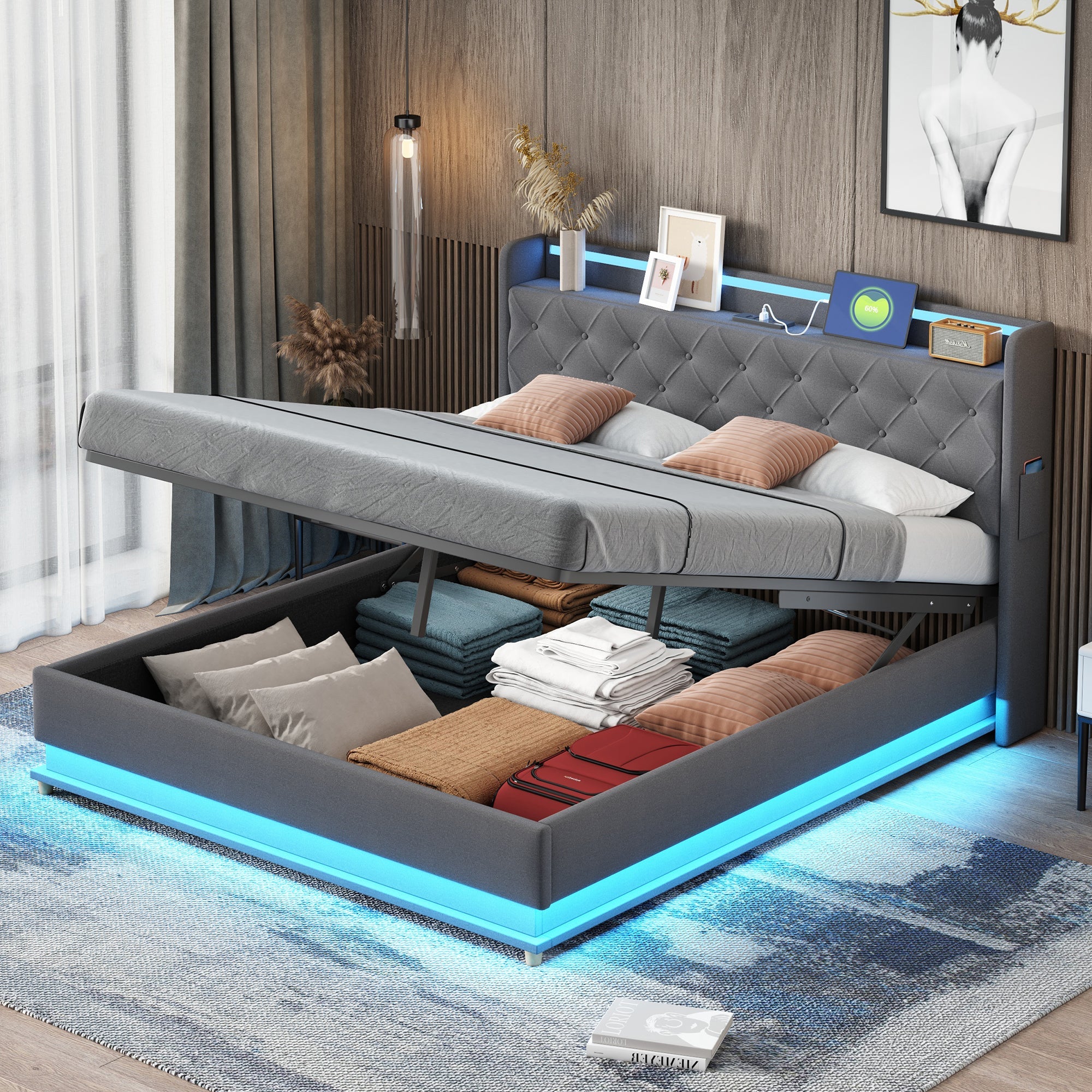 Logidon LED upholstered bed 160x200 USB charging port hydraulic bearing