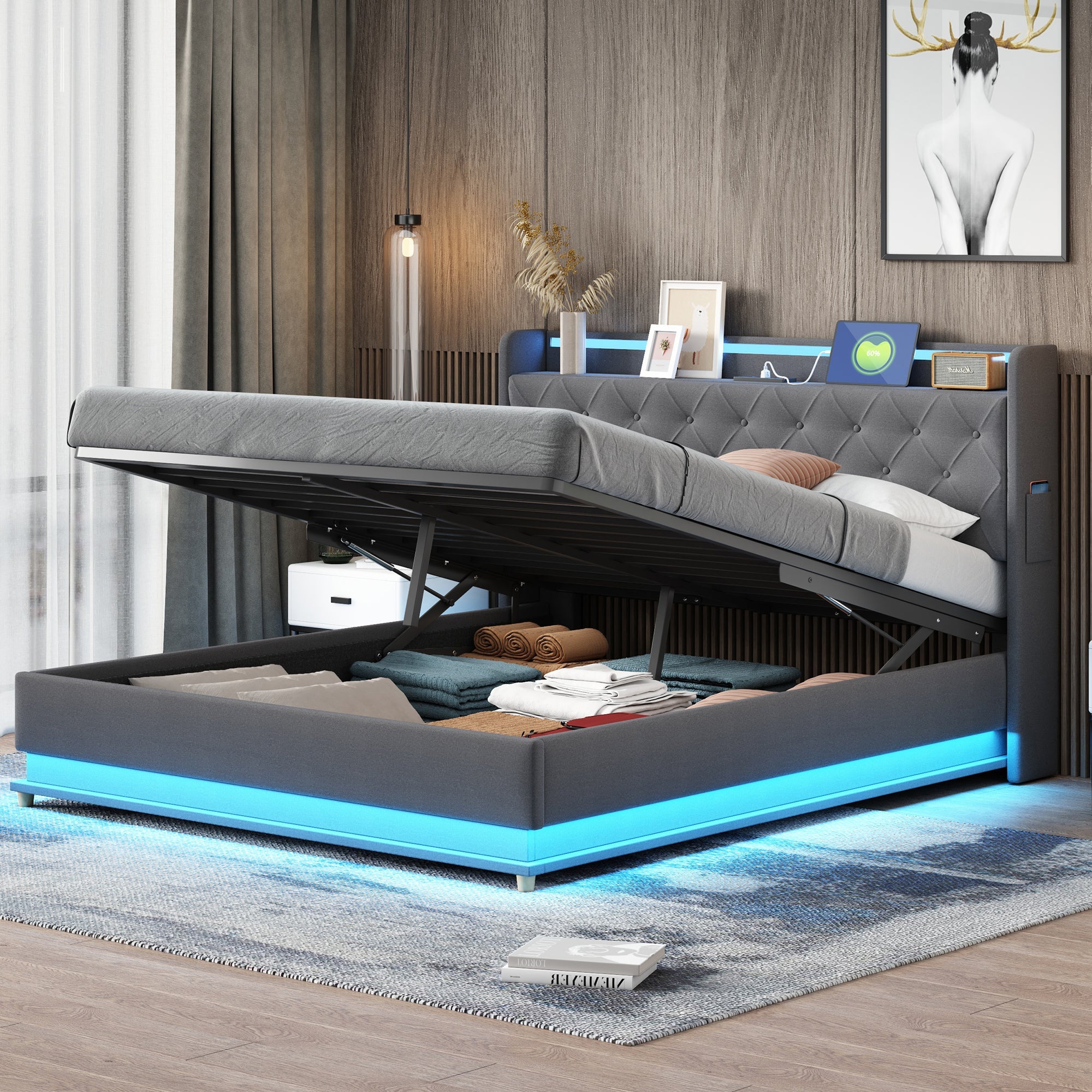 Logidon LED upholstered bed 160x200 USB charging port hydraulic bearing