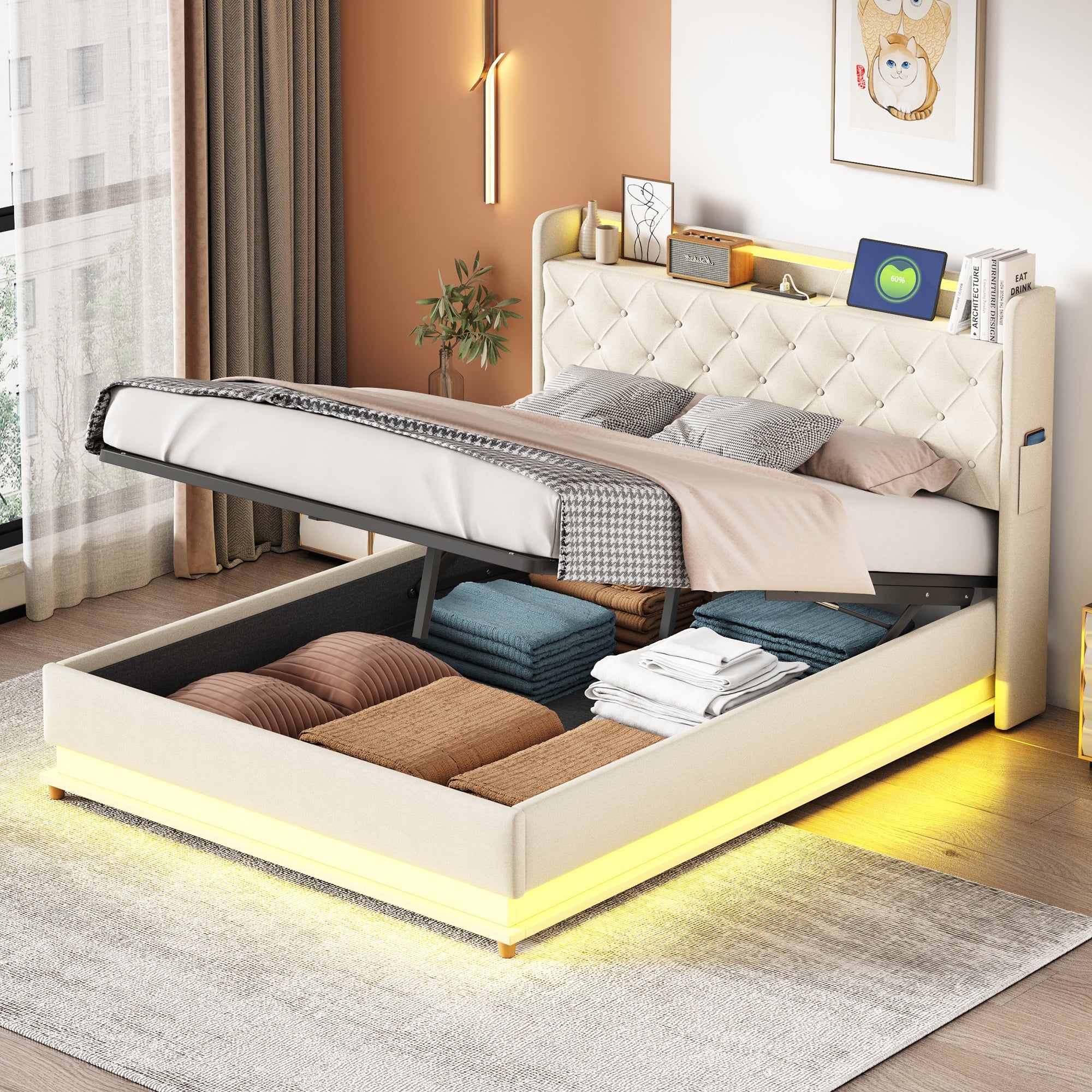 Logidon LED gestoffeerd bed 140x200 beige USB-oplaadpoort en opbergruimte